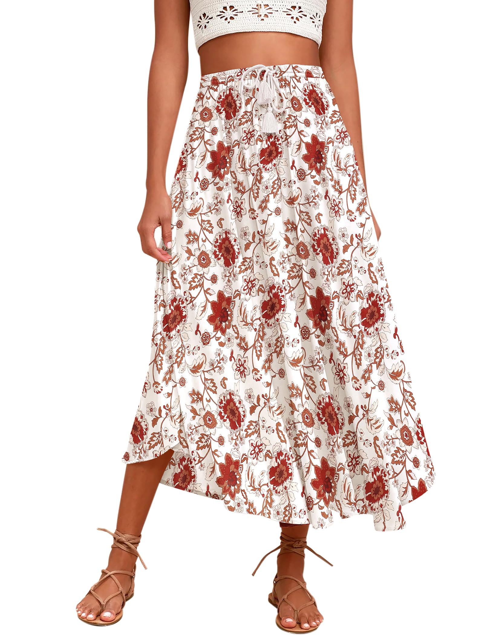 Zeagoo Womens Flowy Pleated Skirts A Line Elastic High Waisted Midi Skirt Boho Casual Long Skirts Brown Leaf Print XXL