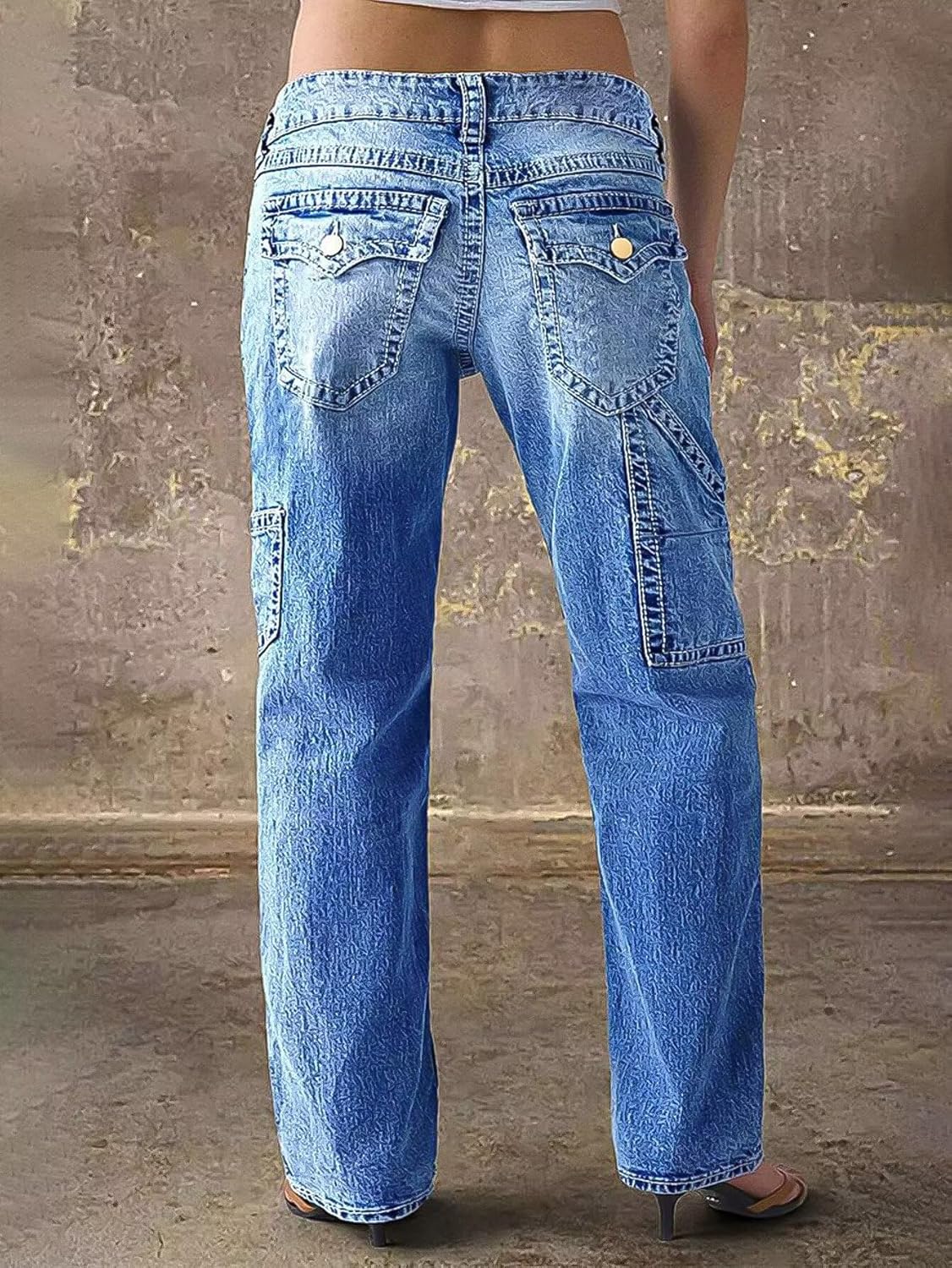 Flamingals Mid Rise Straight Leg Jeans for Women Multi Pocket Stretchy Baggy Boyfriend Jeans Trendy