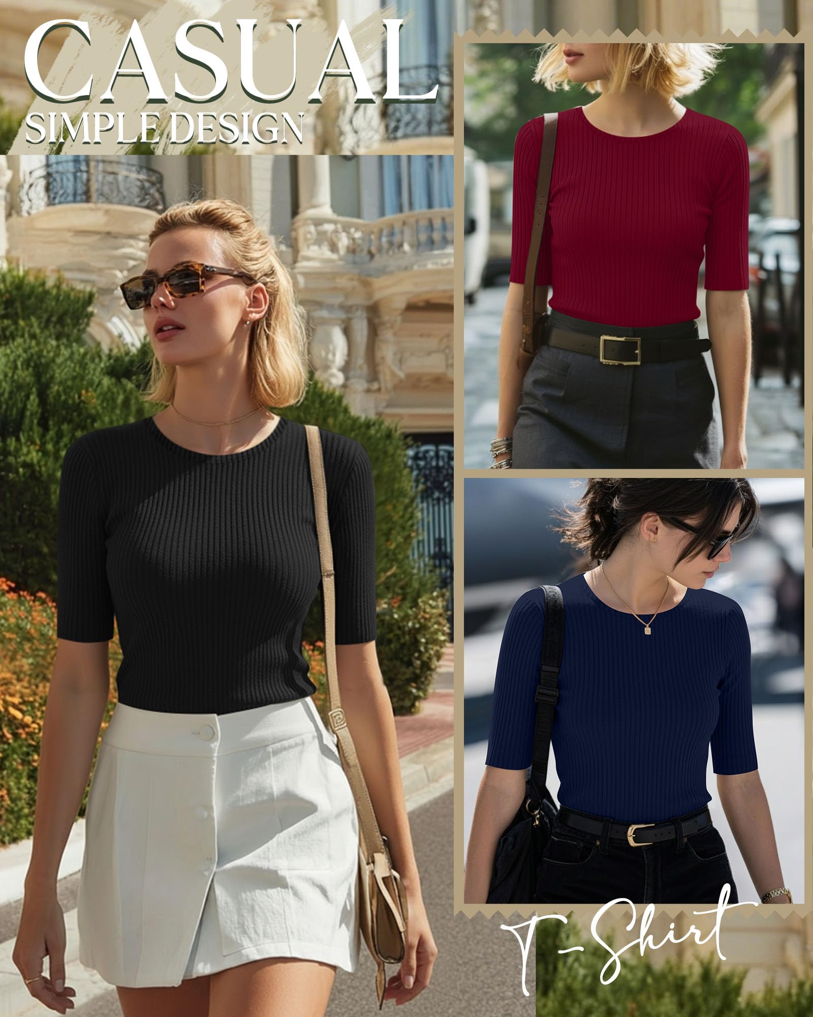 Riyiper – Lot de 3 Hauts pour Femme à Manches mi-Longues – T-Shirts d'été en Coton côtelé à col Rond – Coupe ajustée – Blouses décontractées
