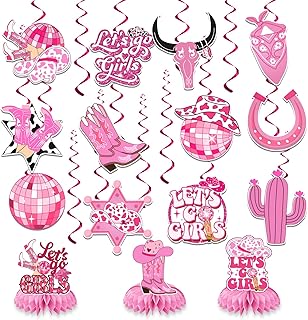 Disco Cowgirl Decor,Cowgirl Party Decoration 3pcs Let’s Go Girl Honeycomb Table Decor and 12pcs Disco Cowgirl Ceiling Hanging Swirls Decoration for Cowgirl Birthday Party Decorations,First Rodeo Birthday Party Decorations