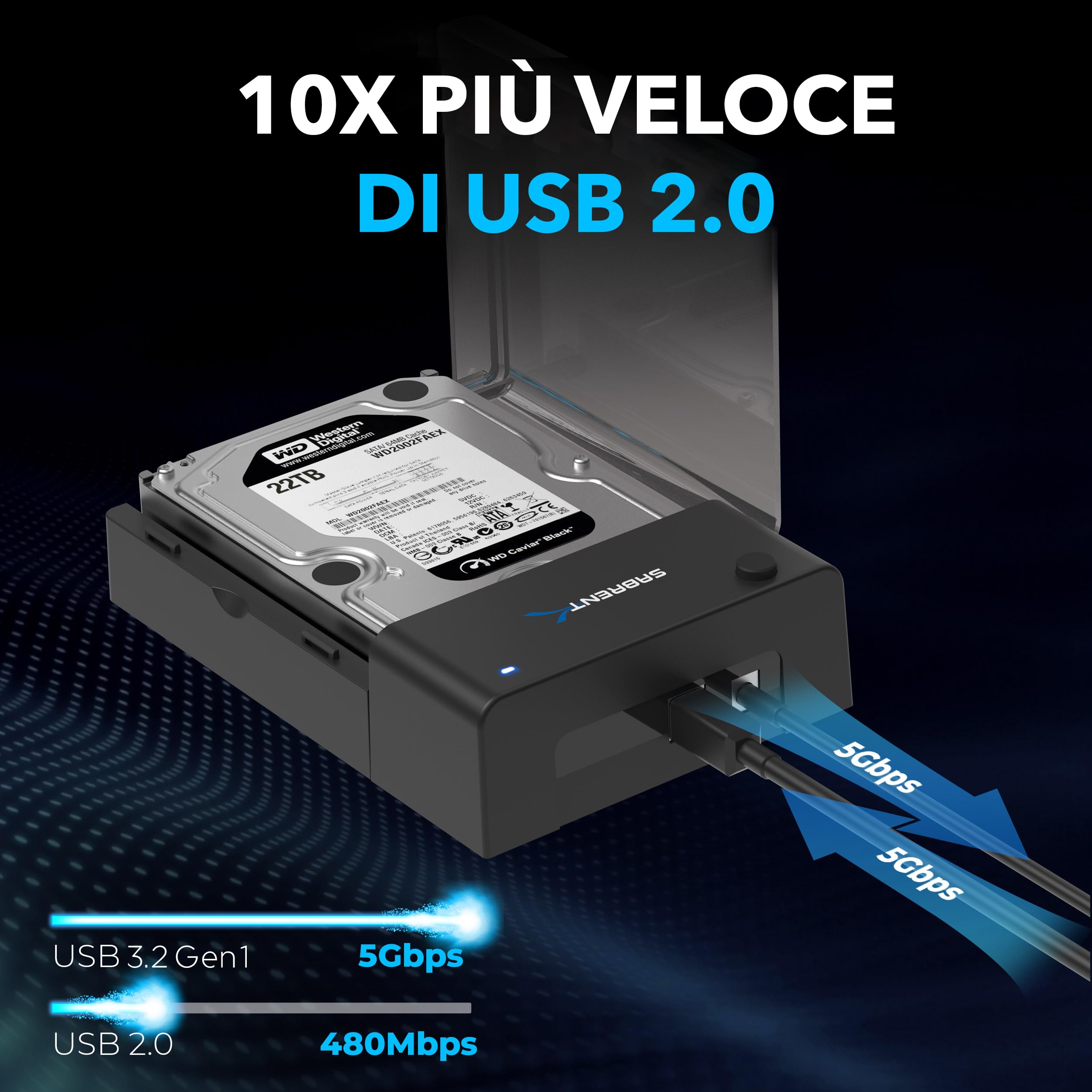 SABRENT Docking Station SSD Hard Disk Esterno HDD 2.5 o 3.5 pollici, USB 3.2 Gen 1 a SATA [Supporta UASP] (EC-DFLT)