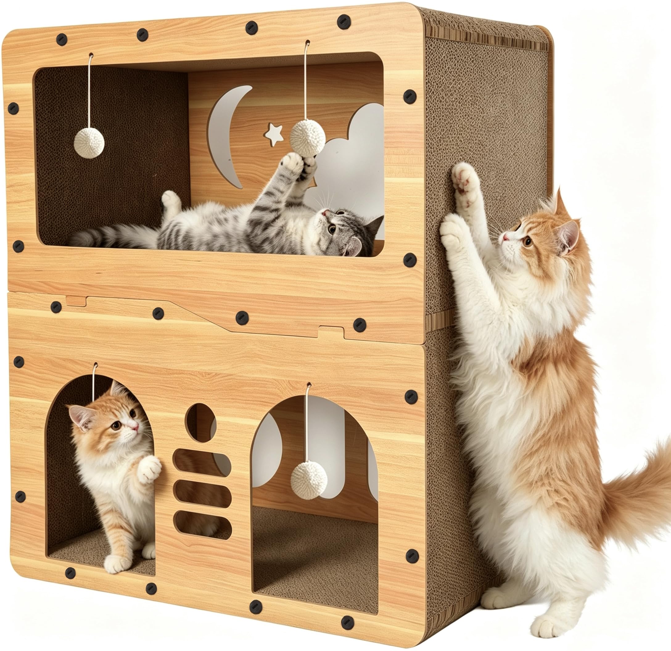 2-Floor Cat Scratcher House，Scratching Board, Hanging Ball Toy, Large Space Cat Bed Furniture for Multi Cats，Durable Board Entertain Feline Friends Prevent Furniture Damage