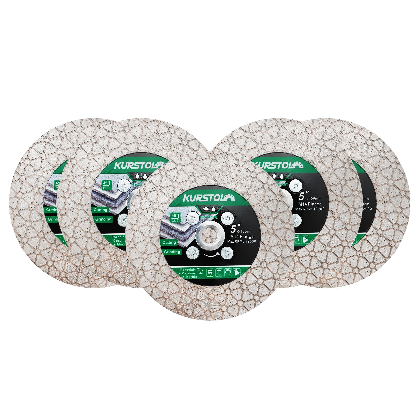 KURSTOL Diamond Cutting Disc - 5pcs 5"/125mm Dual-Purpose Tile Diamond Saw Blade,Angle Grinder Blade M14 Thread for Cutting and Grinding Ceramic Tiles,Porcelain,Granite,Marble