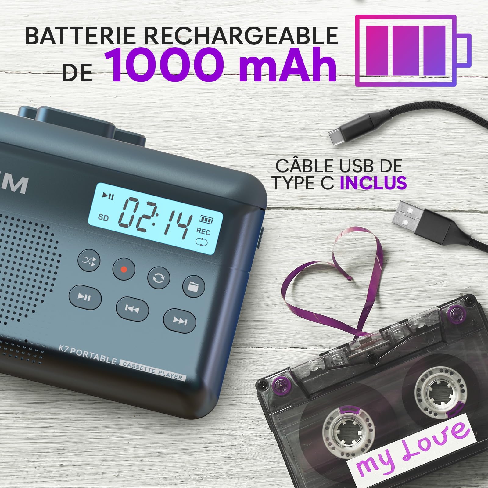 Cassette Player KLIM K7 - Lecteur Cassette Audio - Convertisseur Audio en MP3 - Microphone et Haut-Parleur intégrés - Batterie Rechargeable - Ecouteurs - Carte SD 16GB - Bleu