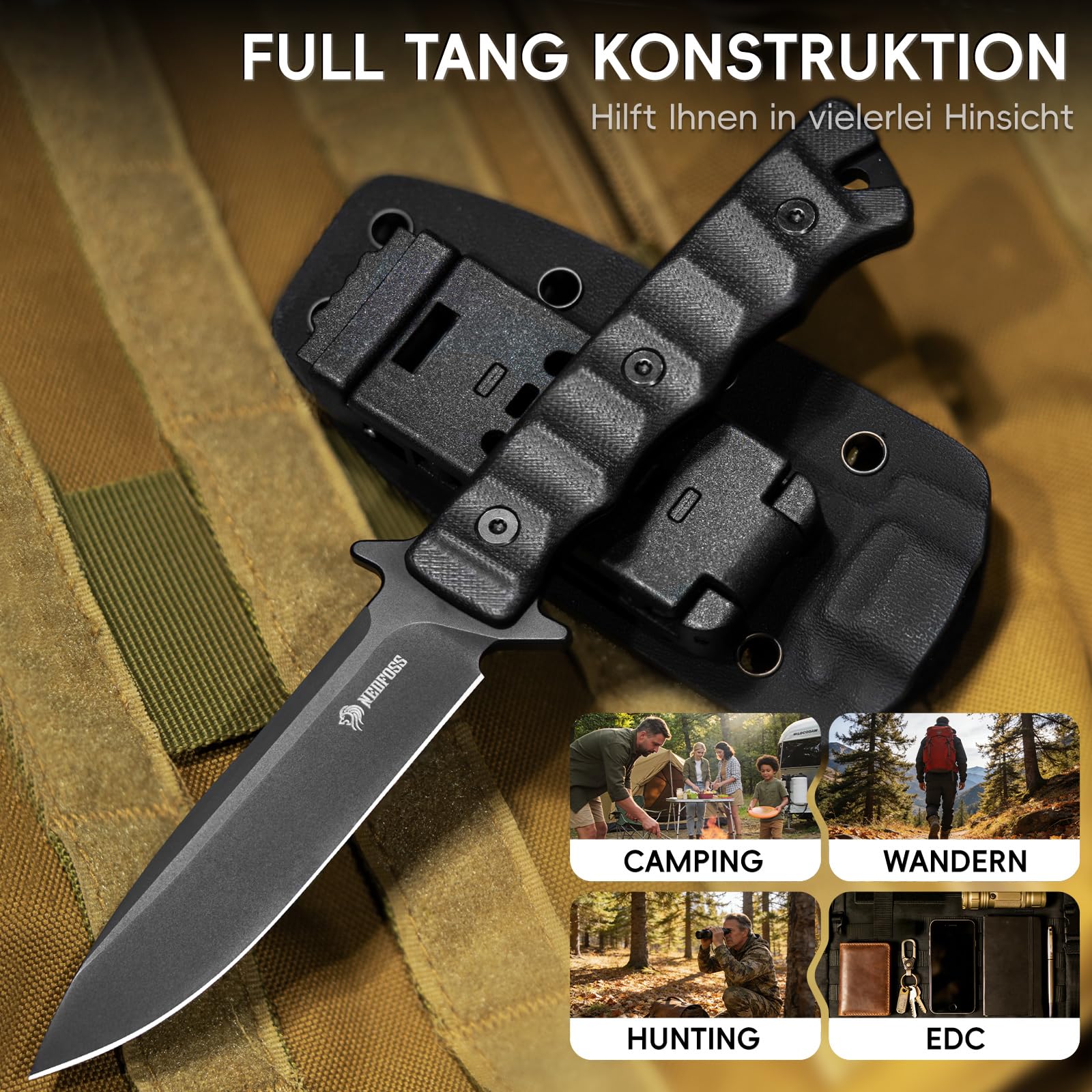NedFoss BLACK PHOENIX Jagdmesser 42a Konform, 8.5cm D2 Stahl Full Tang Survival Messer mit Verstellbarer Clip & G10 Griff, Outdoor Messer mit Kydexscheide, Legales EDC Feststehendes Messer
