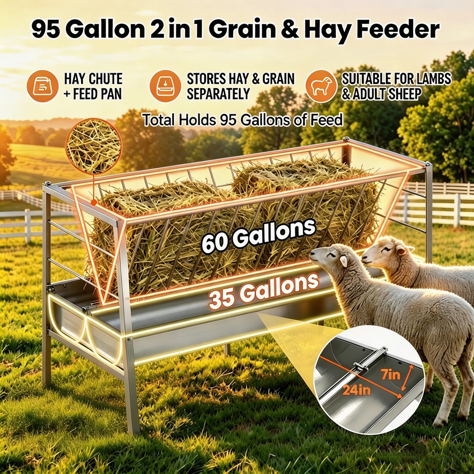 Mangiatoia per capre e Pecore in Acciaio Inox, mangiatoia per Fieno per capre da 95 galloni, mangiatoia per Bestiame da 59" x 24" x 33,4", mangiatoia per Fieno e mangiatoia per Cereali 2 in
