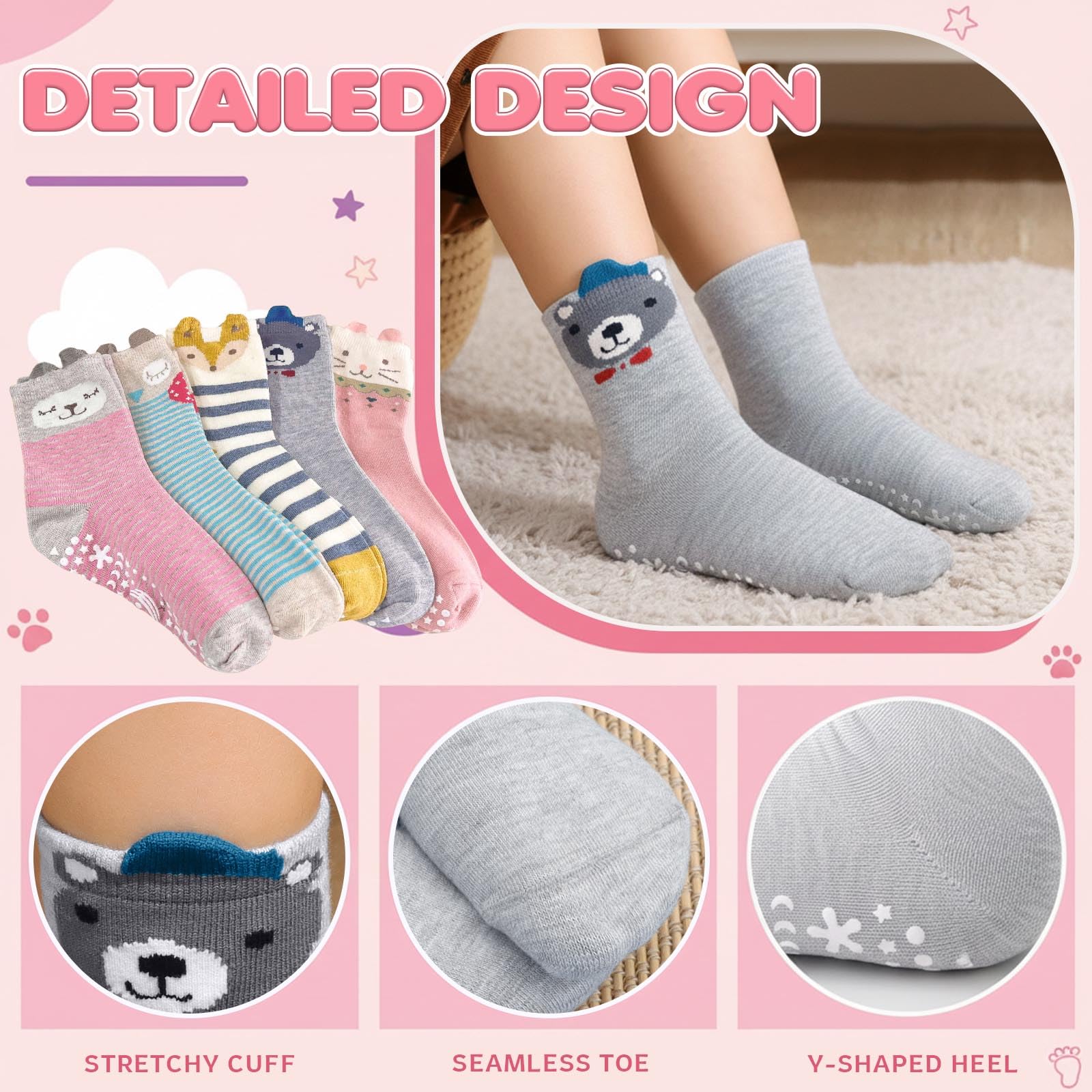 Hellomamma Calcetines antideslizantes de algodón para niños pequeños, calcetines de animales lindos con agarres antideslizantes para niños y niñas