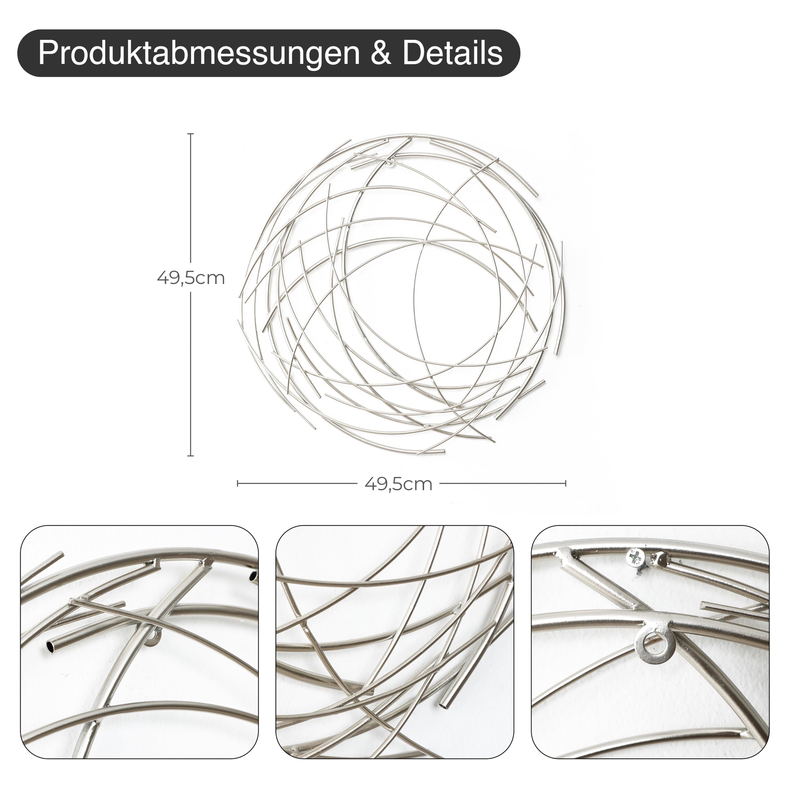 Hometopia Metall Wanddeko Silber 49,5 cm Moderne Runde Wandkunst aus Metall