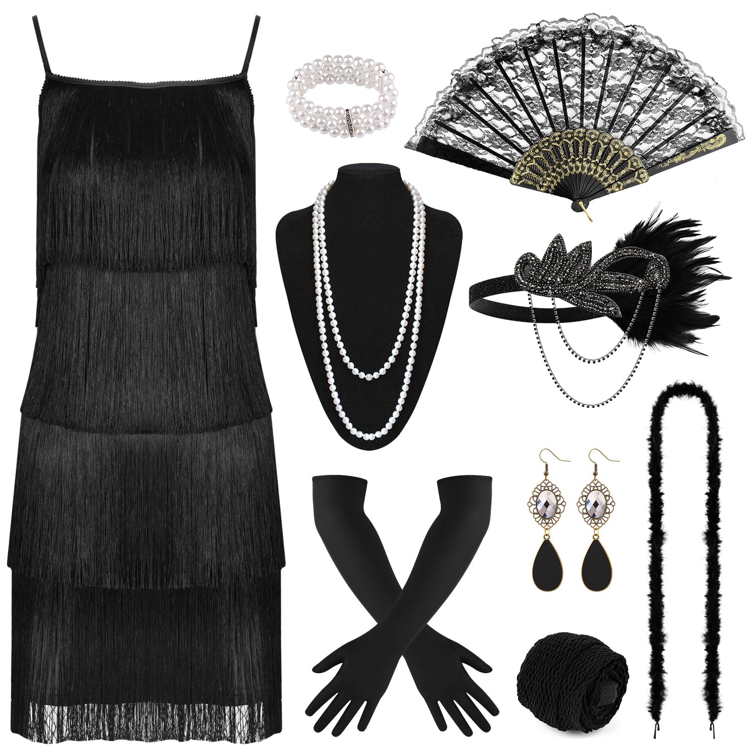 PLULON1920s Sequin Beaded Fringed Flapper Gatsby Dress with 20s Accessories Set Roaring 20s Costumes for Women