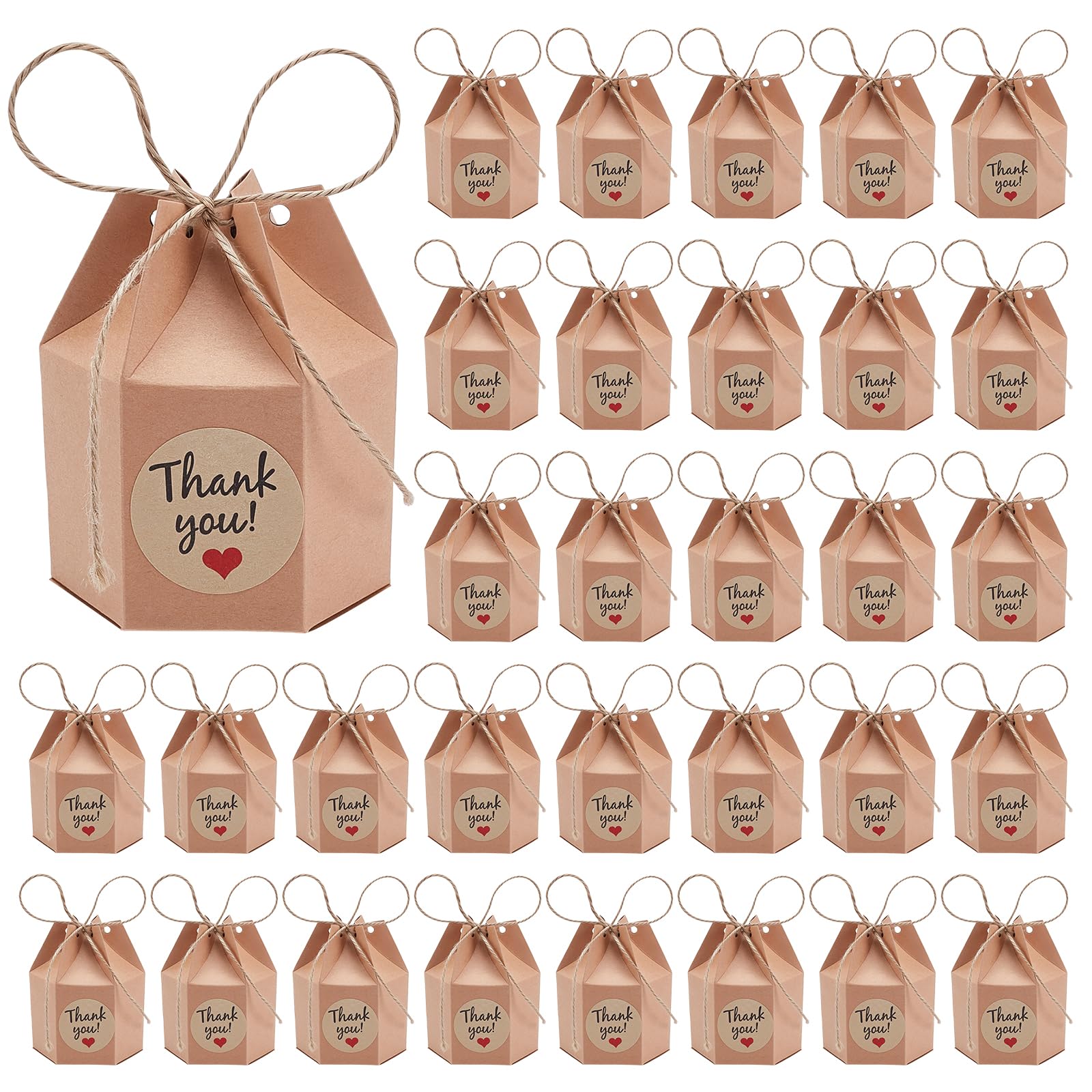 INTERWARM 150 Pcs Kraft Paper Hexagon Boxes with Twine and Sticker,6.8x9.5cm Mini Paper Gift Boxes Candy Chocolate Gift Packing Wrap for Birthday Wedding Christmas Part(Brown)
