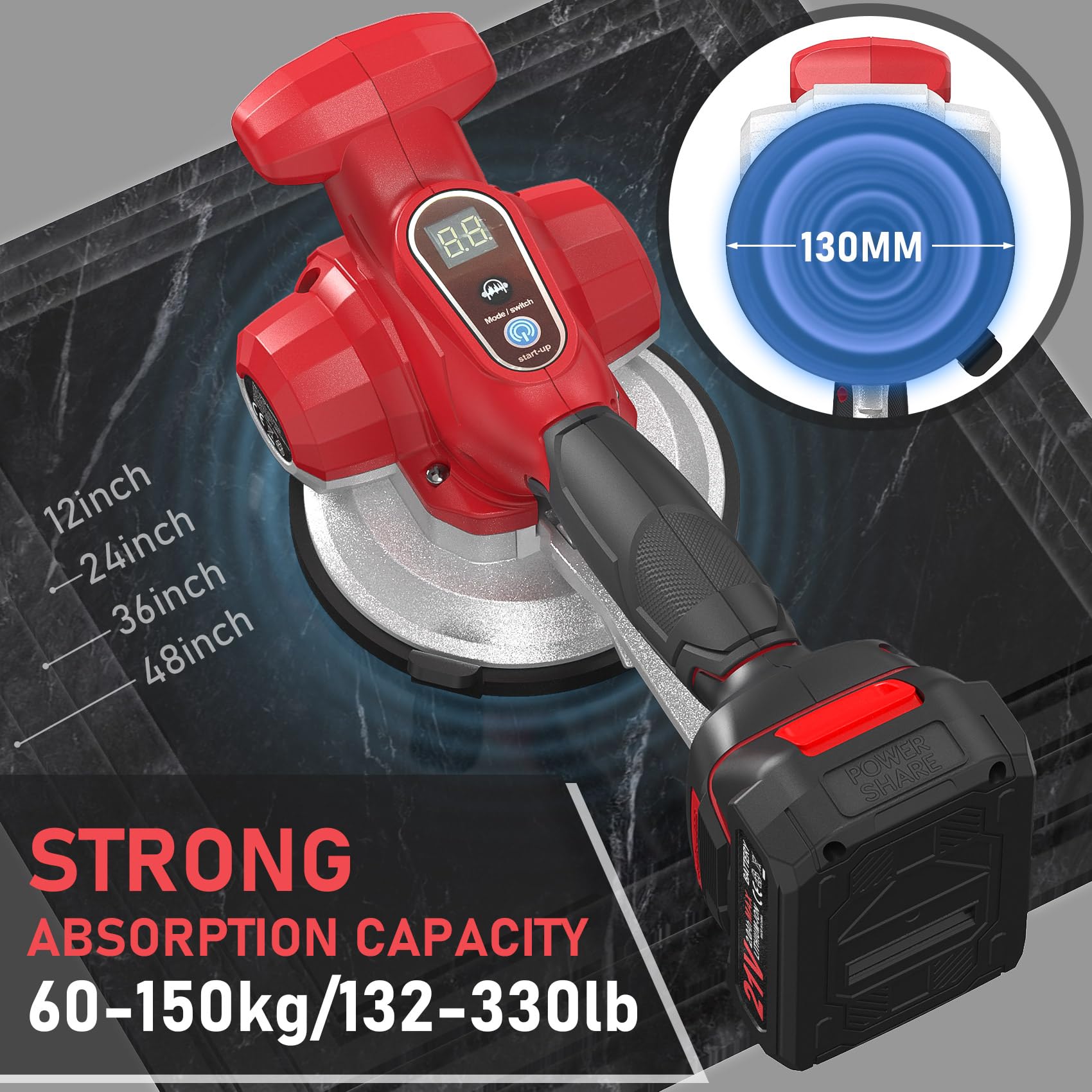 Akku Fliesenrüttler mit 130 mm Saugnapf, 6-fach einstellbare Geschwindigkeit, LCD-Display, 2 Batterien