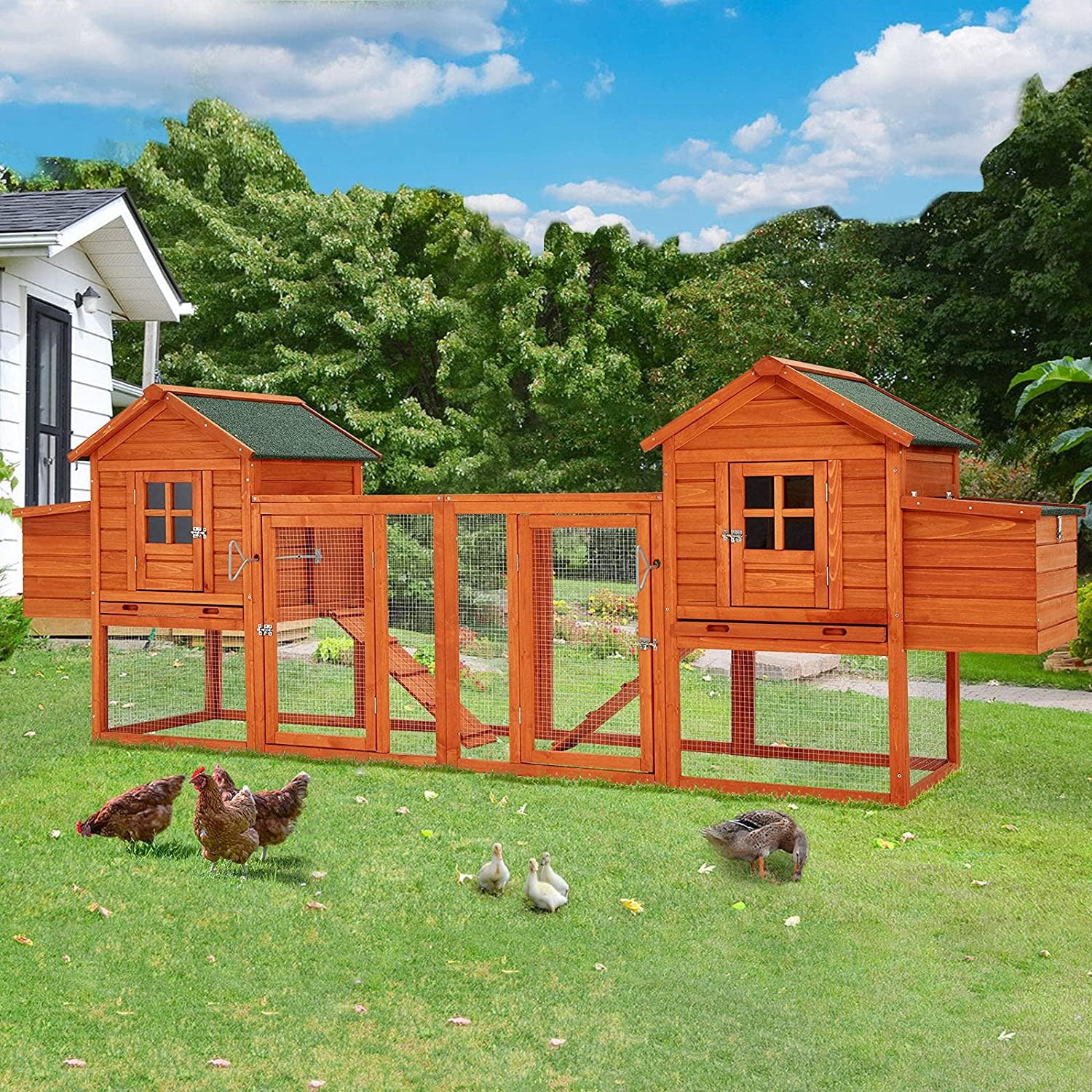 AECOJOY Large Chicken Coop，123" Wooden Hen House Outdoor Chicken House Poultry Cage with Nesting Box, Removable Tray, Roosting Bars, Ramp