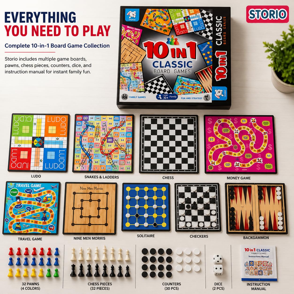 Storio 10-in-1 Classic Board Games for Kids 5+ Years | Chess, Ludo, Snakes & Ladders, Checkers, Backgammon & More | Family Board Game Set with Dice & Pawns | Educational Indoor Game for Boys & Girls — Amazon image 7