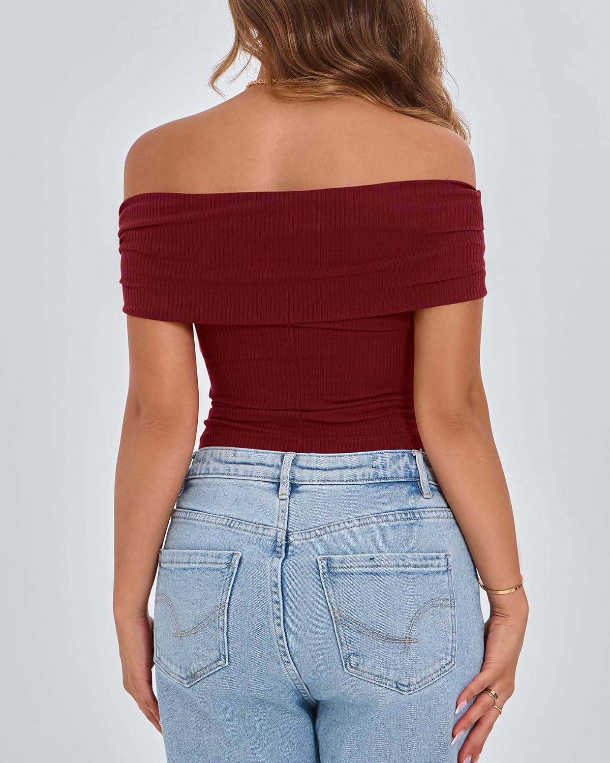 BTFBM Women's Off Shoulder Summer Tops 2025 Ribbed Knit T Shirts Short Sleeve Stretchy Slim Fit Trendy Going Out Top - (color: Wine Red, size: Small)