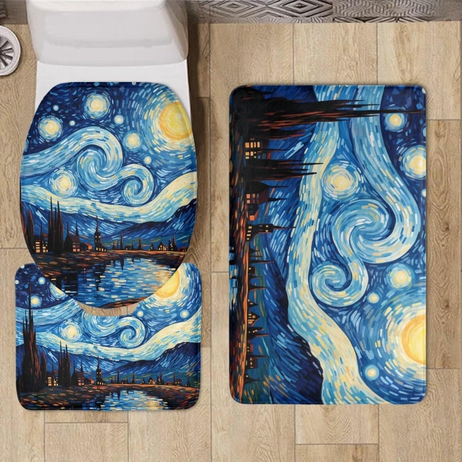 Flashideas Van Gogh Starry Night Bathroom Rug Set - Toilet Lid Cover, Contour Mat, and Ultra Soft Bath Rug With Non-Slip Rubber Backing