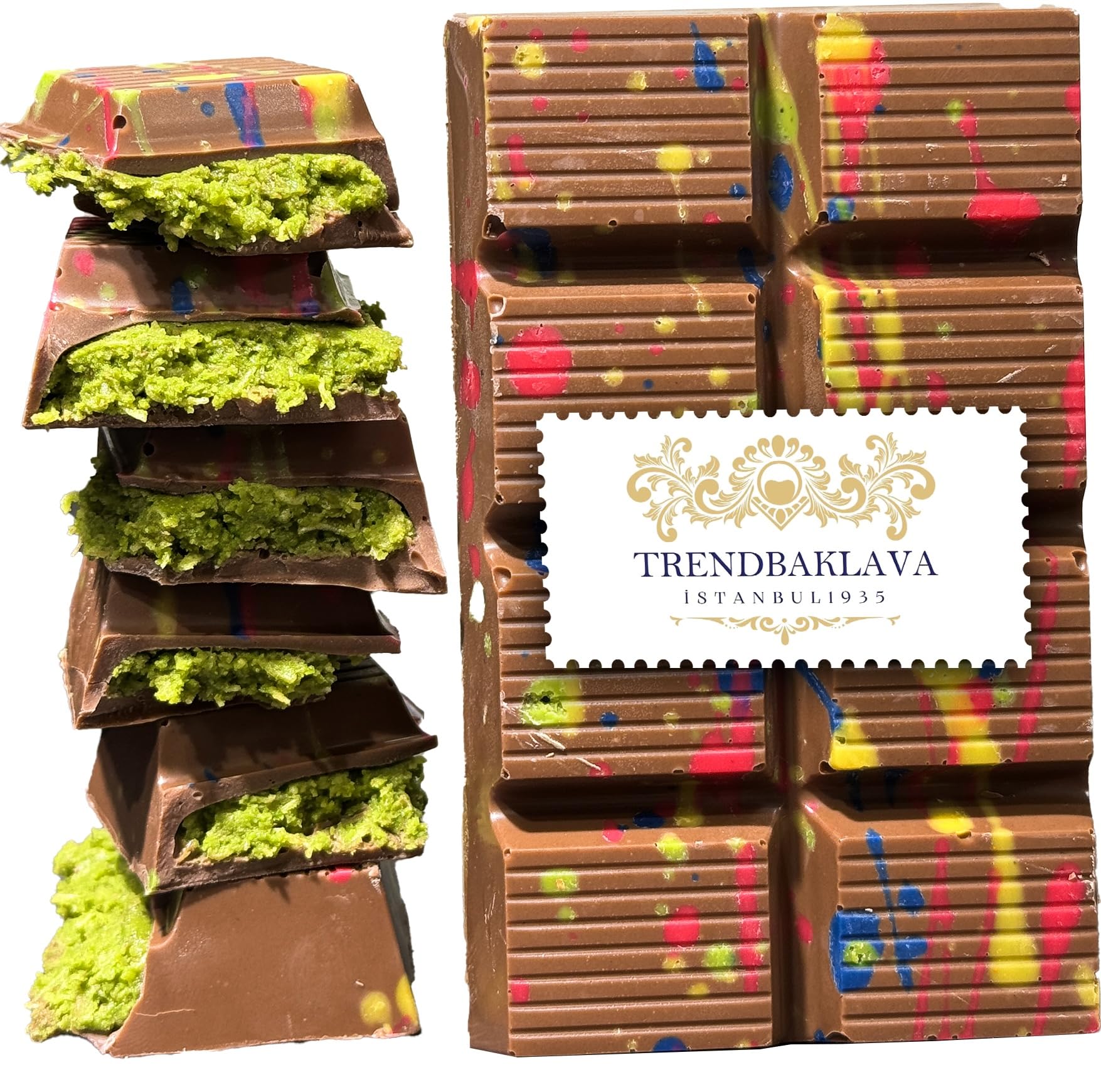 Dubai Chocolate Bar Pistachio, Viral Crispy Kadaifi Dessert, Dubai Knafeh Pistachio Bar, Premium Belgium Milk Chocolate, 7 OZ