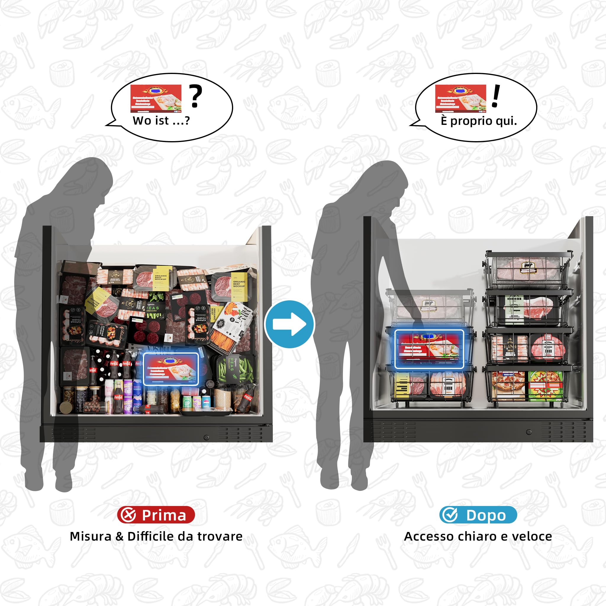 2 Pezzi organizer per congelatore,organizzare freezer pozzetto,cesto per congelatore,cesti metallo,Impilabile，Lunghezza regolabile 29-46CM，Nero