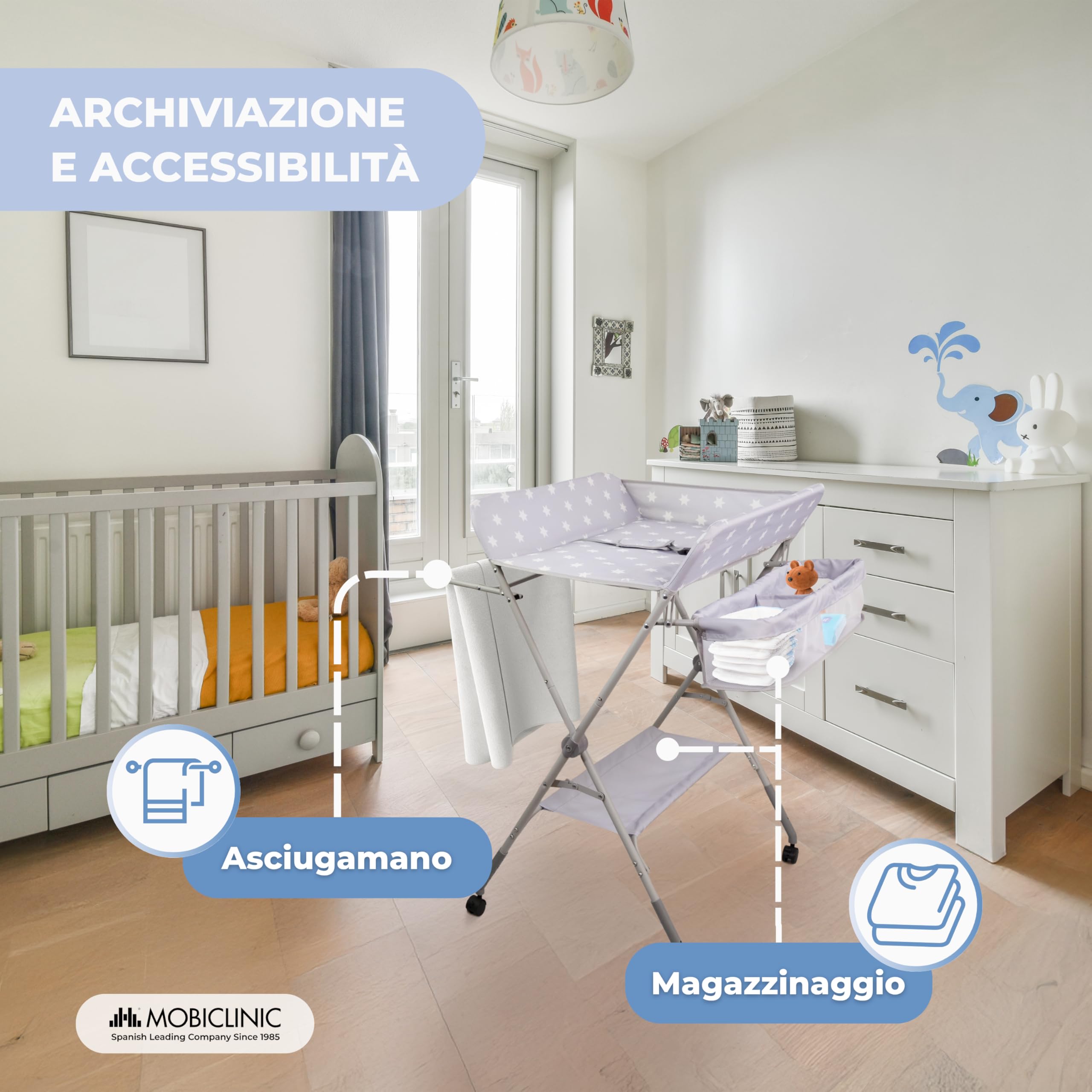Mobiclinic Fasciatoio pieghevole per Neonati, Altezza Regolabile, Fino a 15 kg, 0-36 Mesi, Ruote a 360° Freno, Lavabile