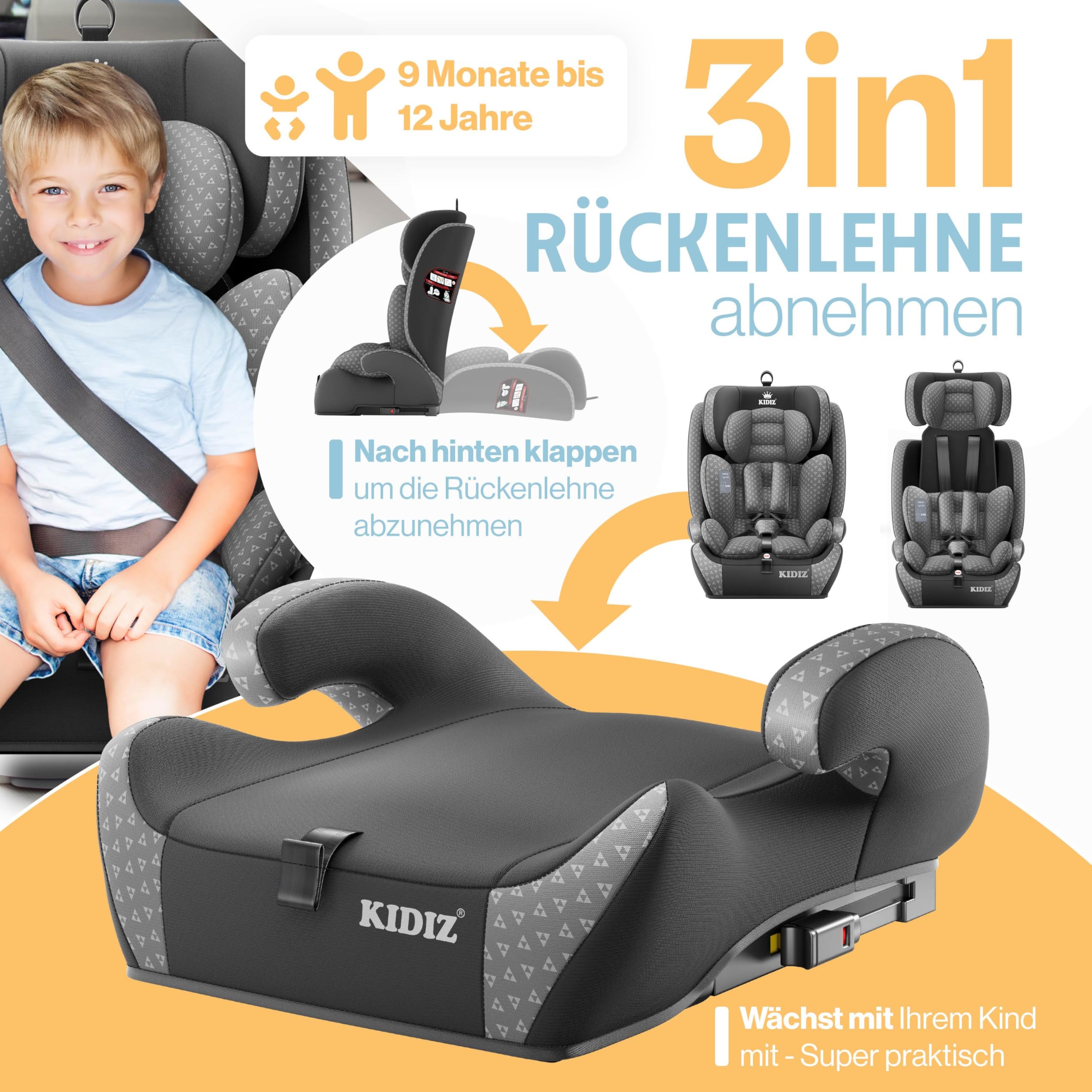 KIDIZ Autokindersitz mit Isofix i-Size R129 100-150cm Gruppe 1/2/3 5-Punkt-Gurt höhenverstellbare Kopfstütze Grau