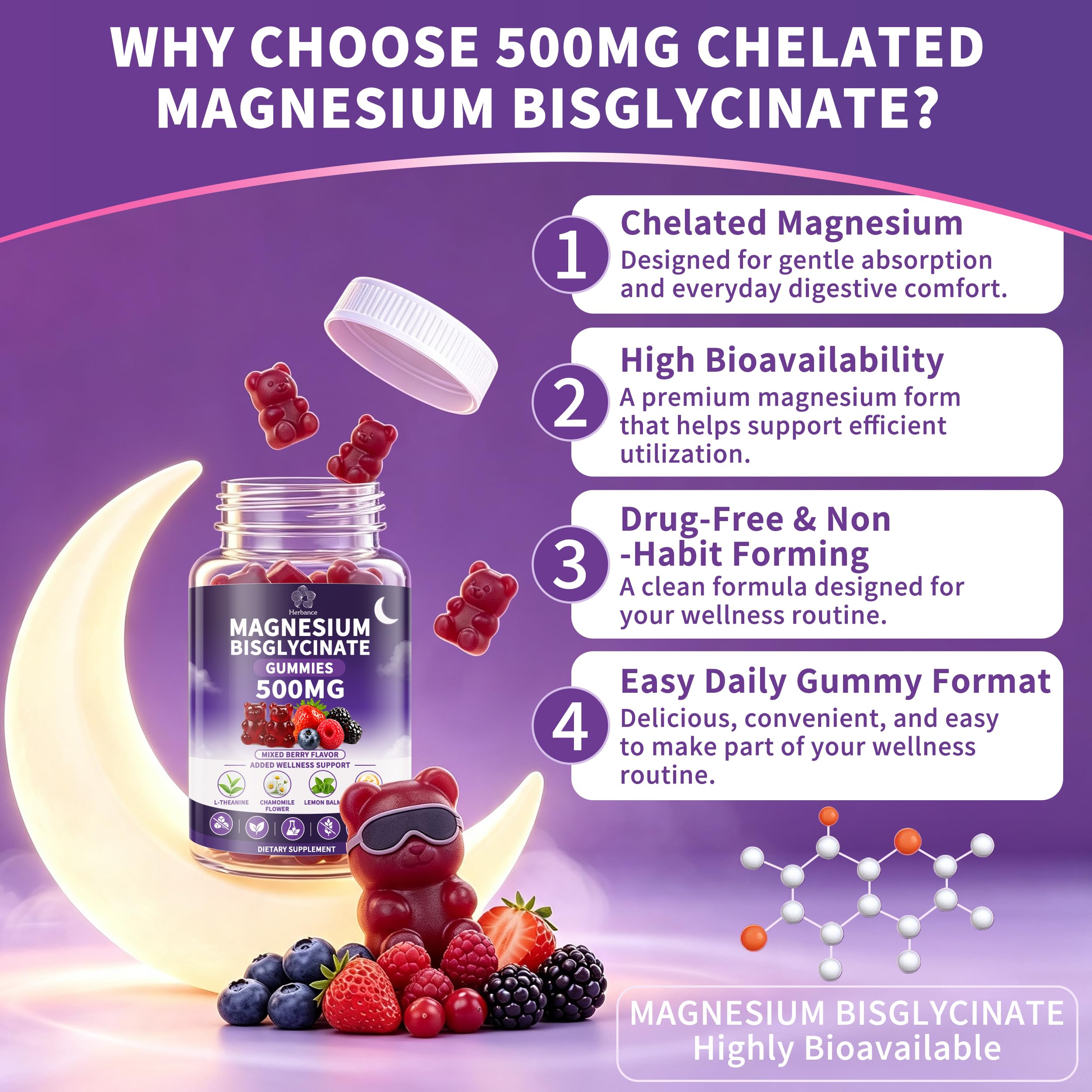（2 Packs） Magnesium Bisglycinate Gummies, 500mg High Absorption Magnesium Bisglycinate Chelate Supplements for Women, Calm, Sleep, Muscle, Bone Support, Sugar Free, Vegan, 60 Day Supply — Amazon image 2