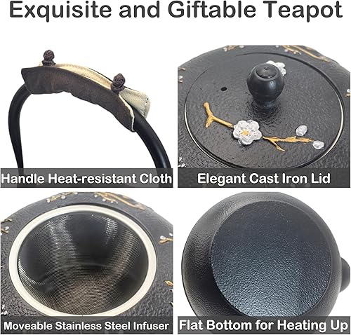 Vista 27 de Tetera SECHUDO de hierro fundido para estufa, segura con revestimiento interior esmaltado, hermosa tetera japonesa con infusor de acero inoxidable