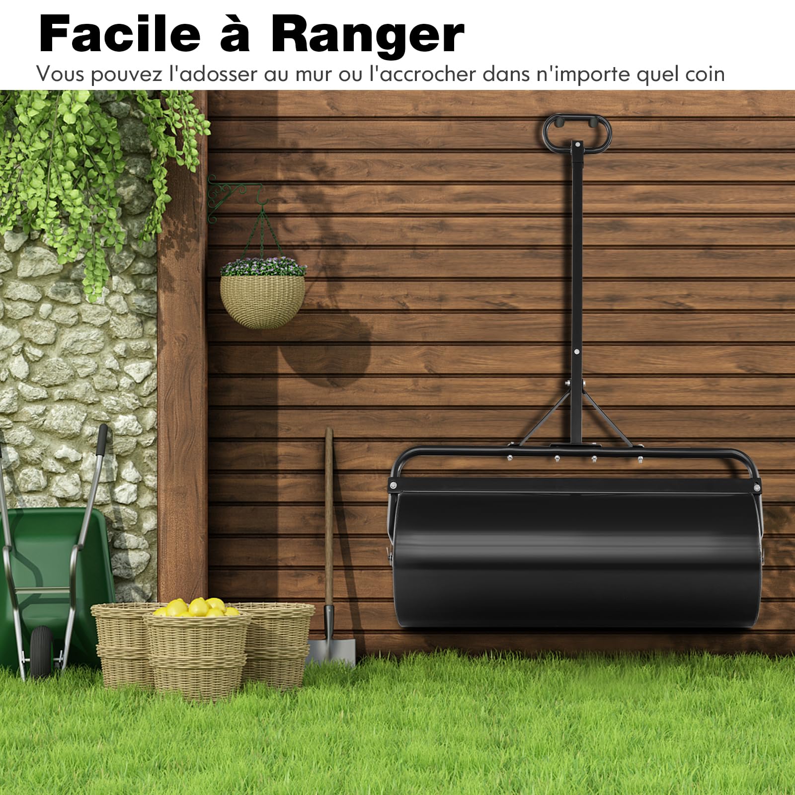 COSTWAY Rouleau à Gazon de Jardin en Métal avec Poignée de Préhension Détachable, Rouleau de Pelouse Rempli d'eau/Sable 113L- Ø 40 CM, Idéal pour Obtenir Pelouse (Noir)