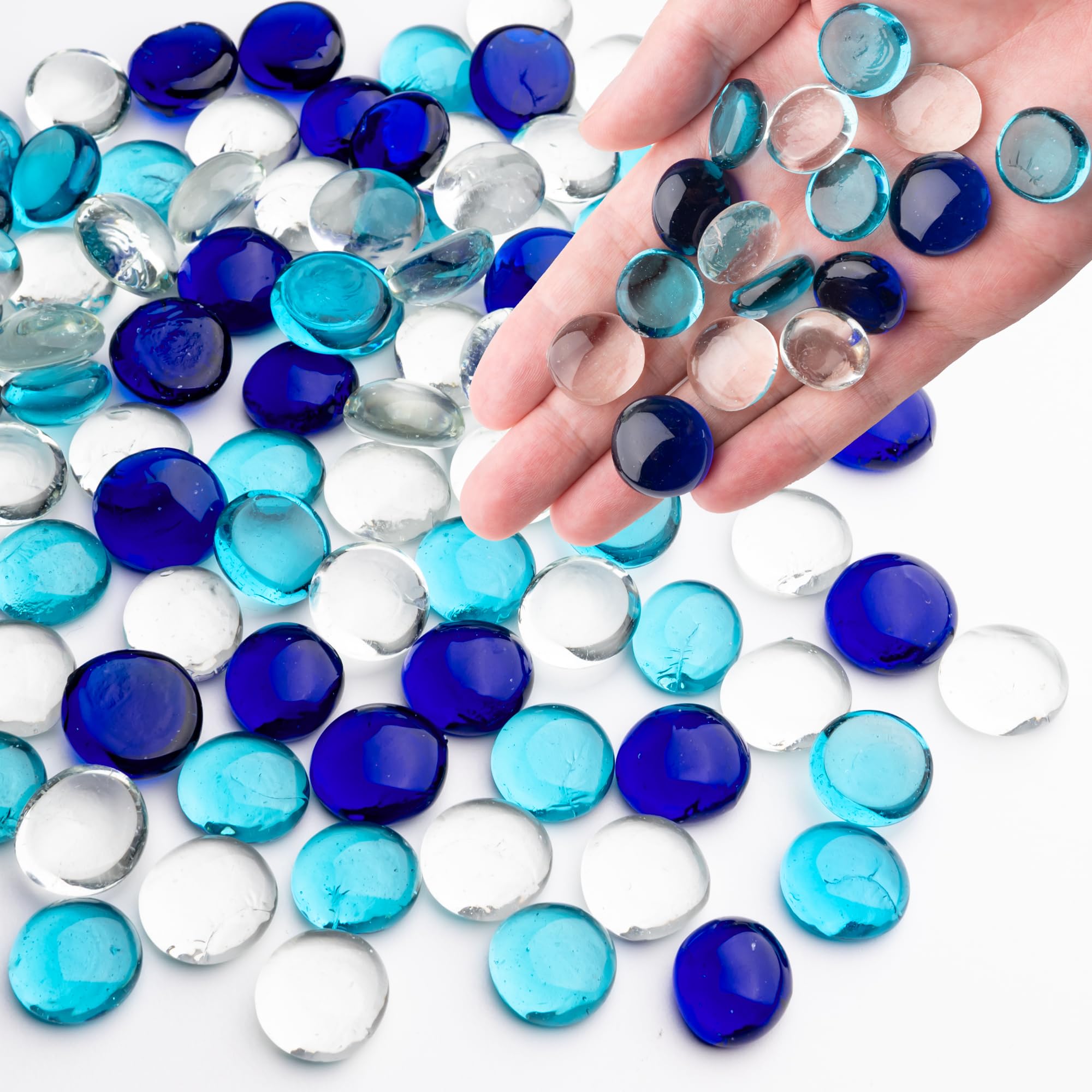 Meschett 0.44KG Mixed Blue Glass Marbles,Transparent and Smooth Flat Glass Beads for Vases,Mosaic Gem Pebbles for Aquarium Decor,Floral Arrangements,Mancala Stones,Vase Filler and Crafts