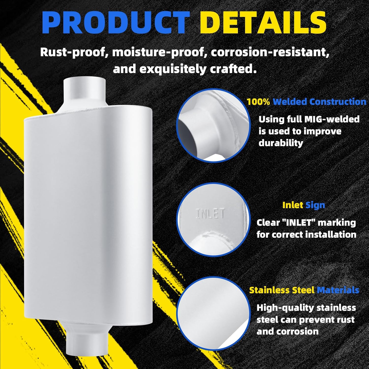 Universal Mufflers Single Chamber 2.5" Inlet 2.5" Outlet 17.3" Overall Length, Aluminized Steel Performance Muffler for Cars, Trucks