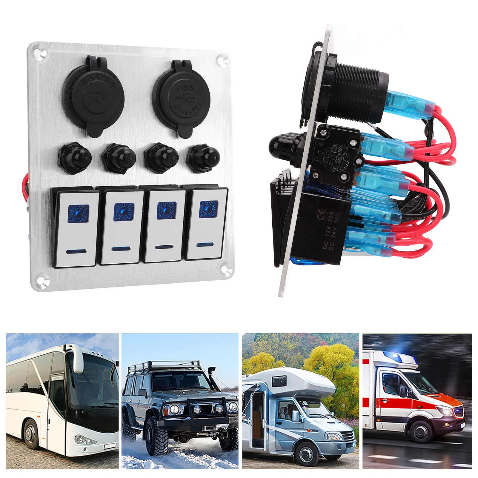 Pannello Interruttori a Bilanciere Pannello Interruttori Marini a Levetta per Barche 4 Gang 12V 24V Precablato Doppia Luce Blu Caricatore USB Voltmetro