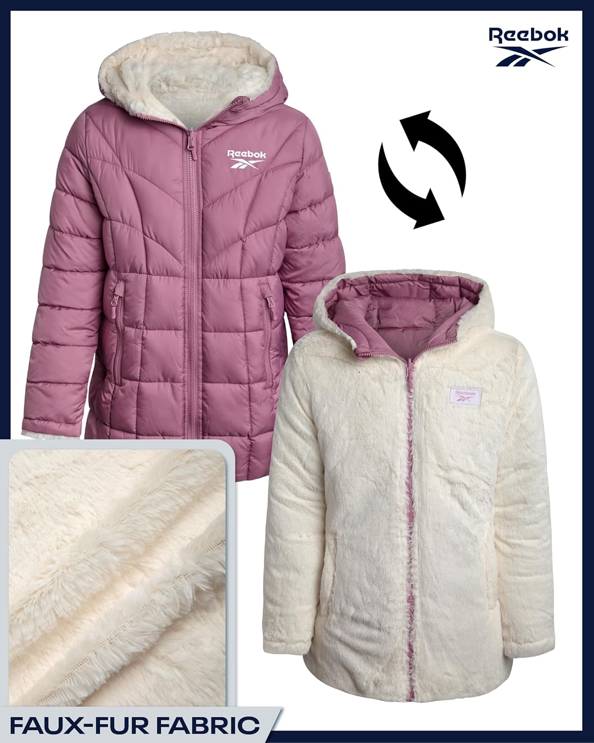 Reebok Girls Puffer Jacket - Reversible Hooded Fur Winter Coat - Wind and Water Resistant Insulated Quilted Jacket for Girls - Image 4