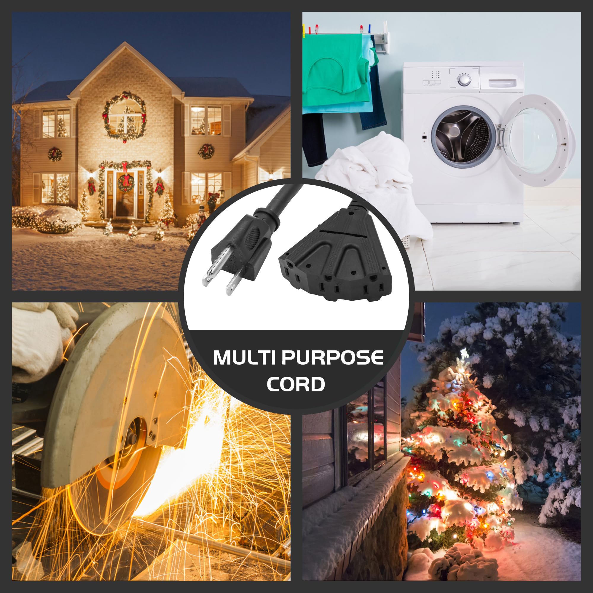 30FT Outdoor Extension Cord with 3 Electrical Power Outlets - 16/3 SJTW Durable Black Cable with 3 Prong Grounded Plug for Safety,Great for Outdoor Christmas Decorations