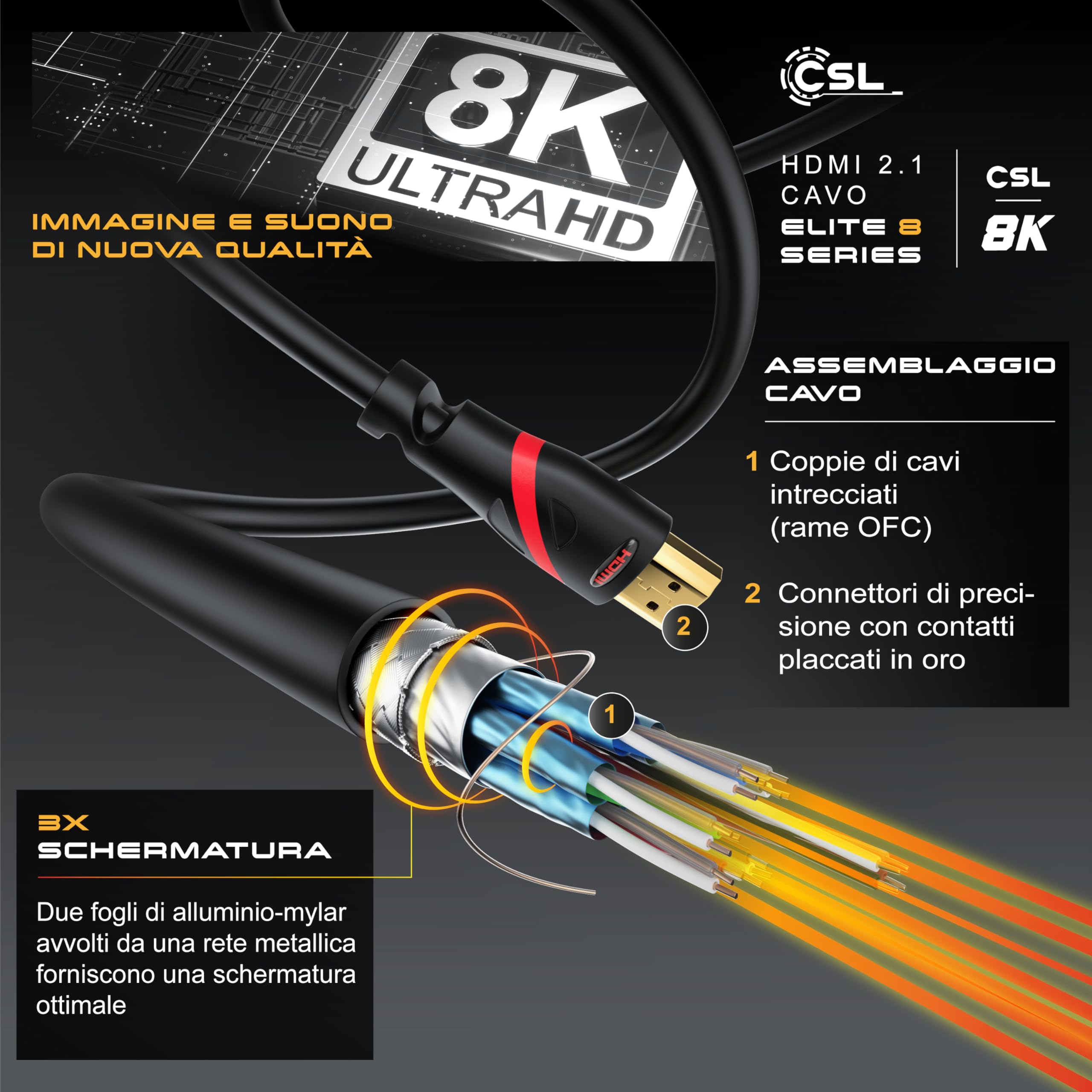 CSL - 3m Cavo HDMI 8k / 4k 2.1/2.0-8K @ 60Hz 4K @ 120Hz con DSC - 48 Gbit/s - 3D - Ultra High Speed con Ethernet - TV Blu-ray PS5 Xbox Series X Switch - nero - 3 metri