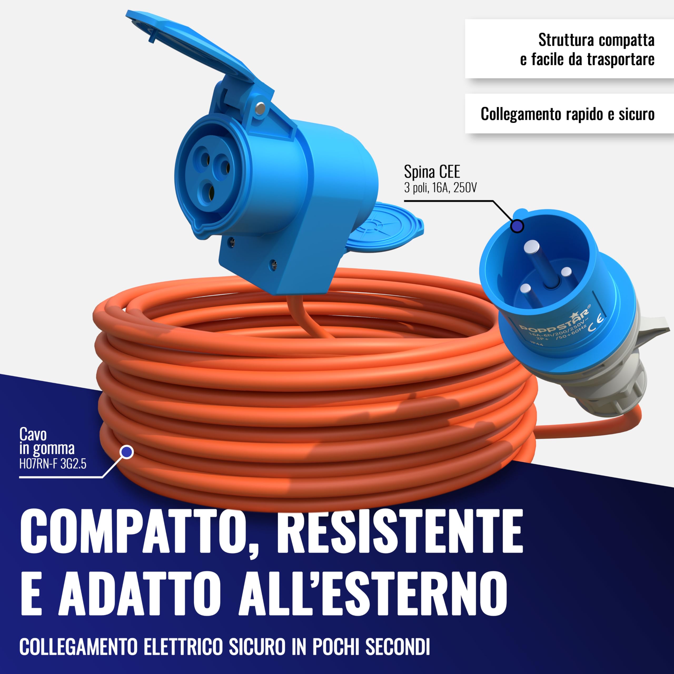 Poppstar Cavo di prolunga CEE da campeggio 25 m con Schuko (spina CEE 3 poli su presa CEE + presa di protezione tipo F), 230V/16A, IP44, H07RN-F 3G2.5