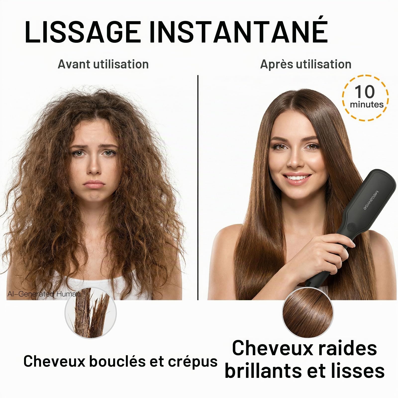 Brosse lissante ionique en céramique MEGAWISE Pro pour salon de coiffure | Technologie de chauffage rapide MCH 20 s avec arrêt automatique | Anti-brûlure grâce à sa double tension universelle