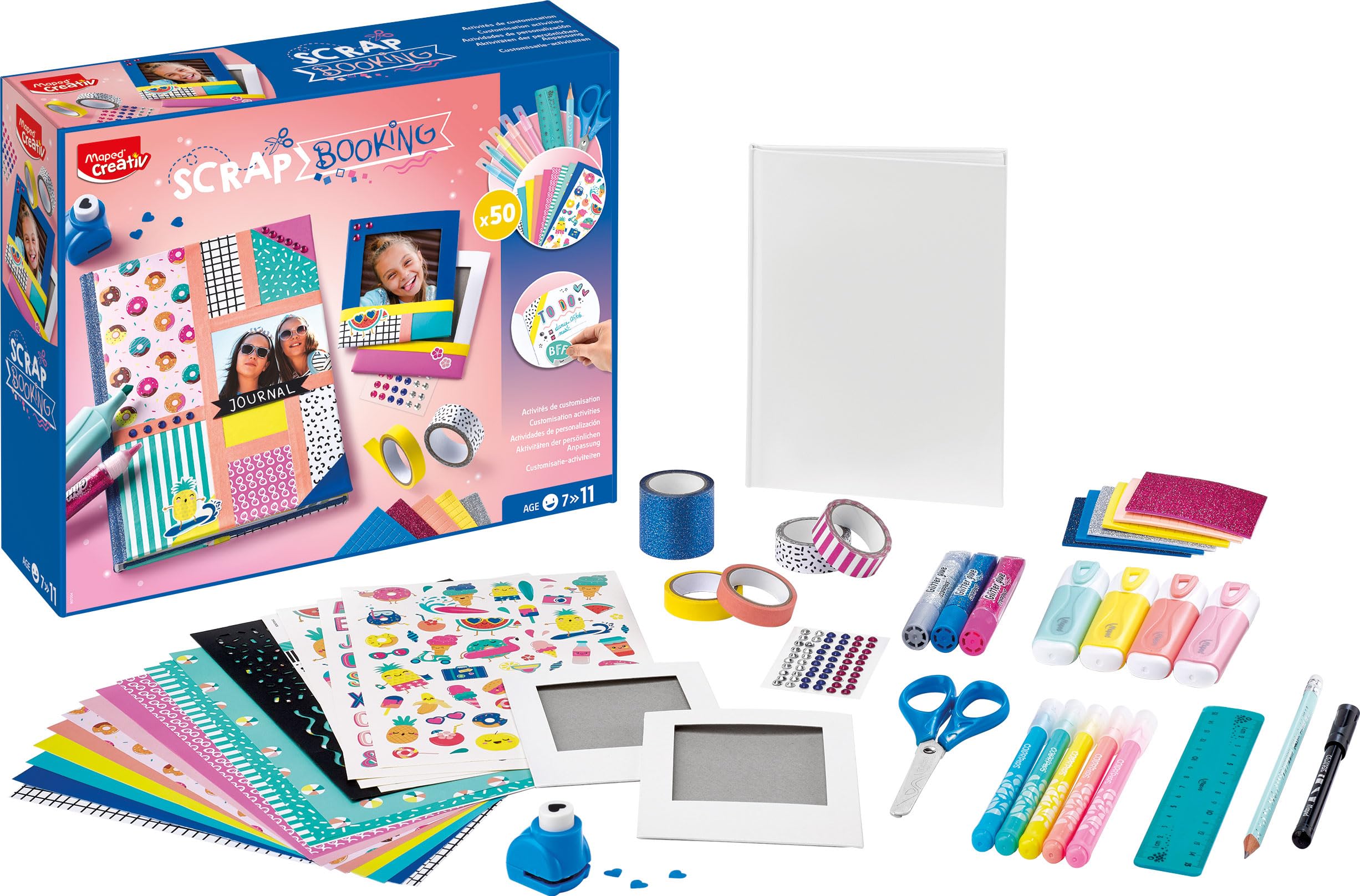 Maped Creativ - Kit completo de actividades con más de 50 accesorios y material, incluyendo 1 cuaderno y 2 marcos de fotos polaroid para decorar – a partir de 7 años