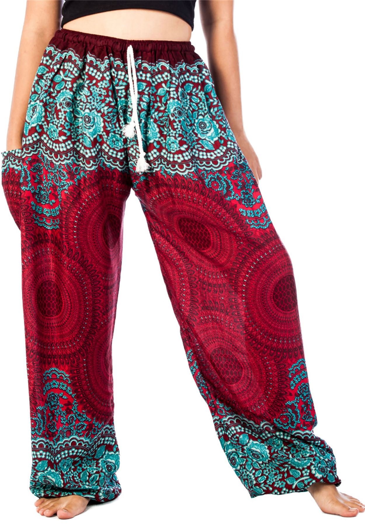 Lofbaz Women's Rose 1 Burgundy Drawstring Rose 1 Harem Boho Genie Pants Burgundy 3XL