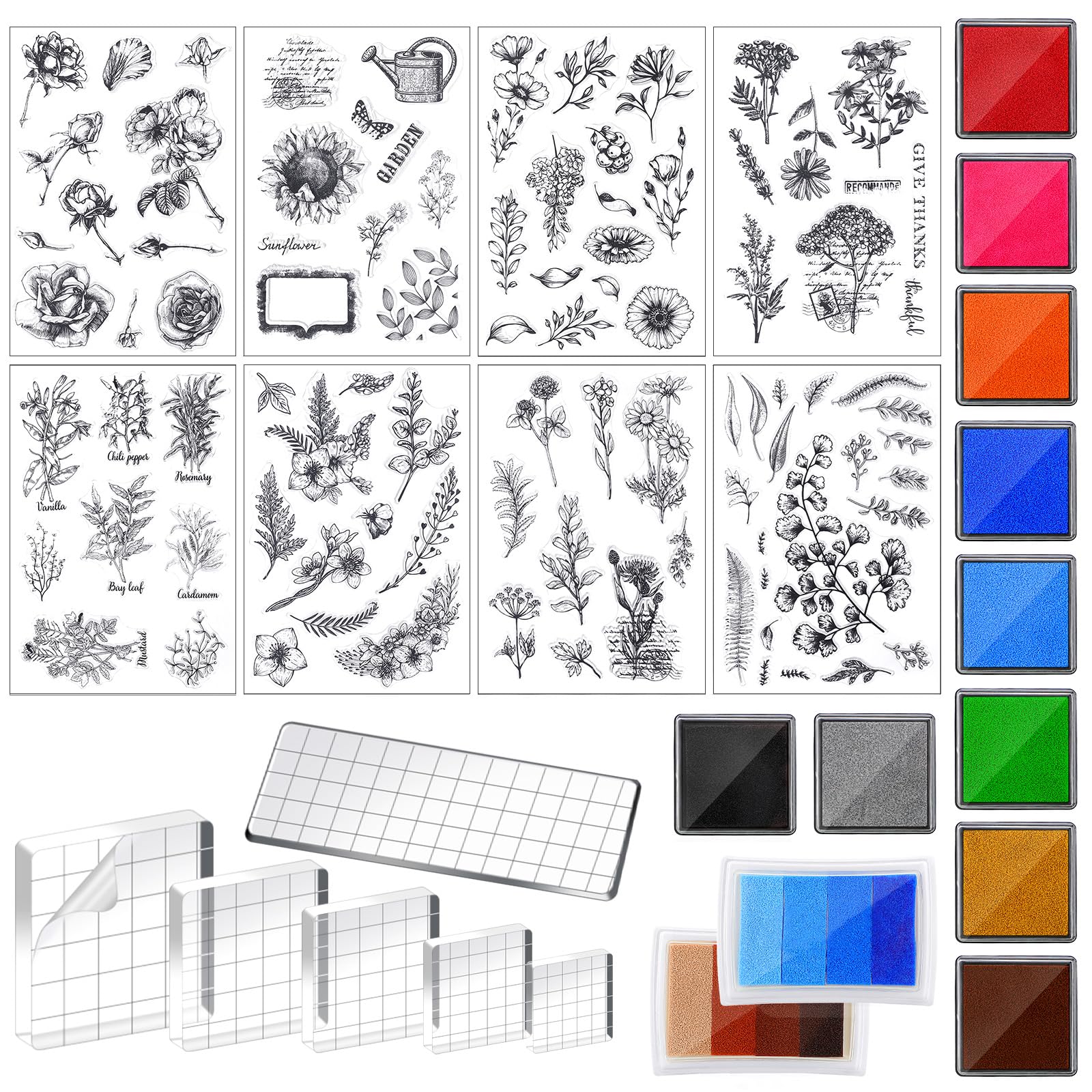 26 Pieces Acrylic Stamp Blocks Tools Set Including 8 Plants and Flower Silicone Clear Stamps Seal 6 Stamp Blocks 12 Craft Ink Pads Decorative Clear Stamps for Scrapbooking Card Making Journaling