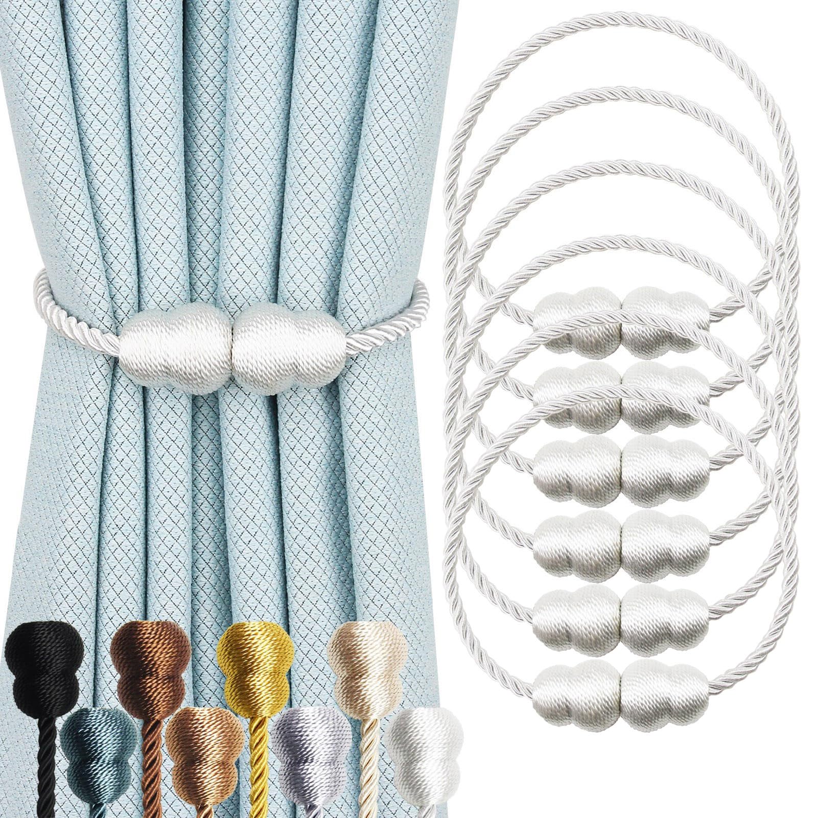 Hangtty Magnetic Curtain Tiebacks 6 Pack Rope Decorative Curtain Tie Backs Elegant Curtain Holders for Drapes Outdoor Window Treatment Holdbacks,