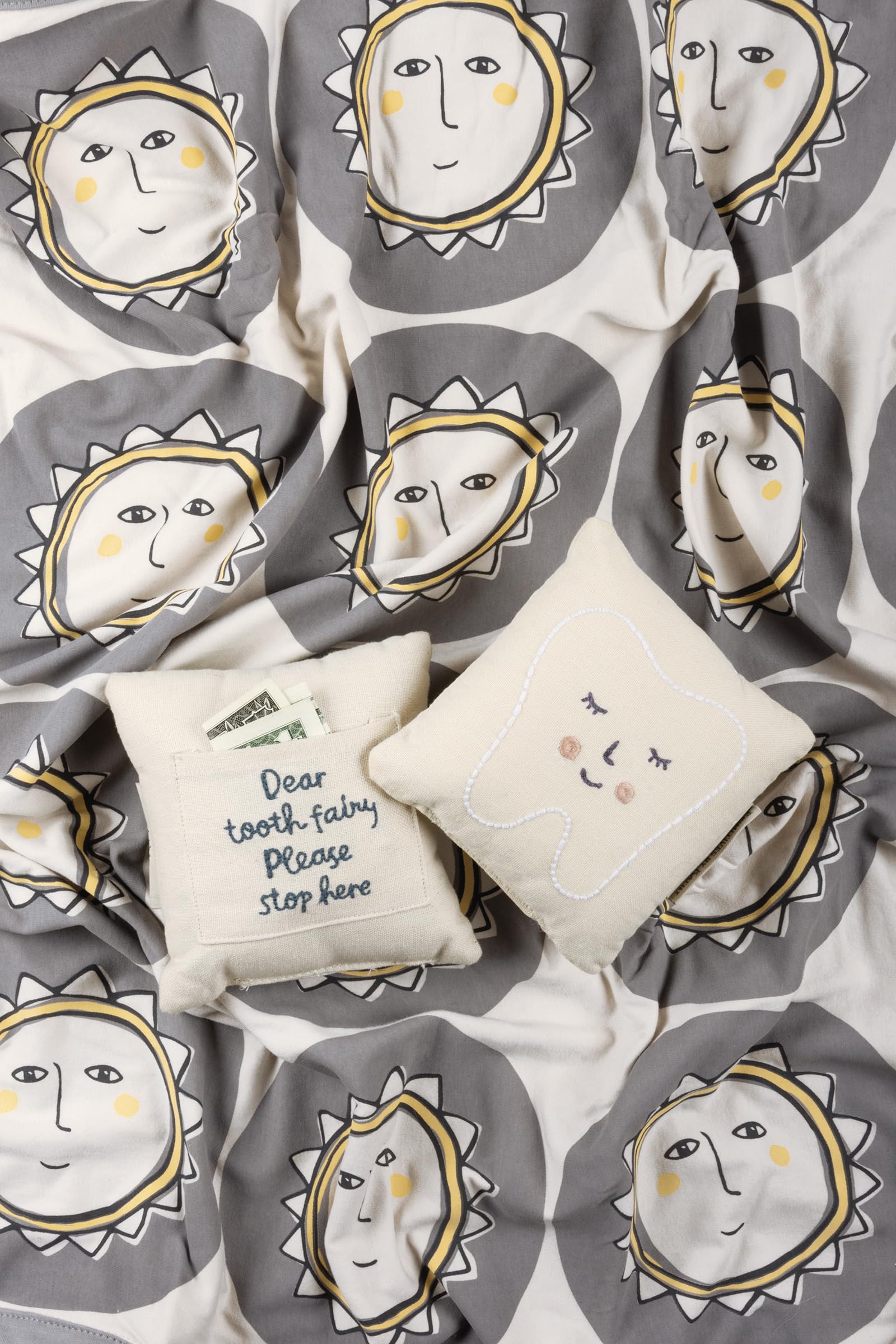 Primitives by Kathy Dear Tooth Fairy Stop Here Mini Tooth Pillow, 5x5-Inch, Cotton Blend, Blue Embroidered Keepsake with Storage Pocket and Tooth Design on Front