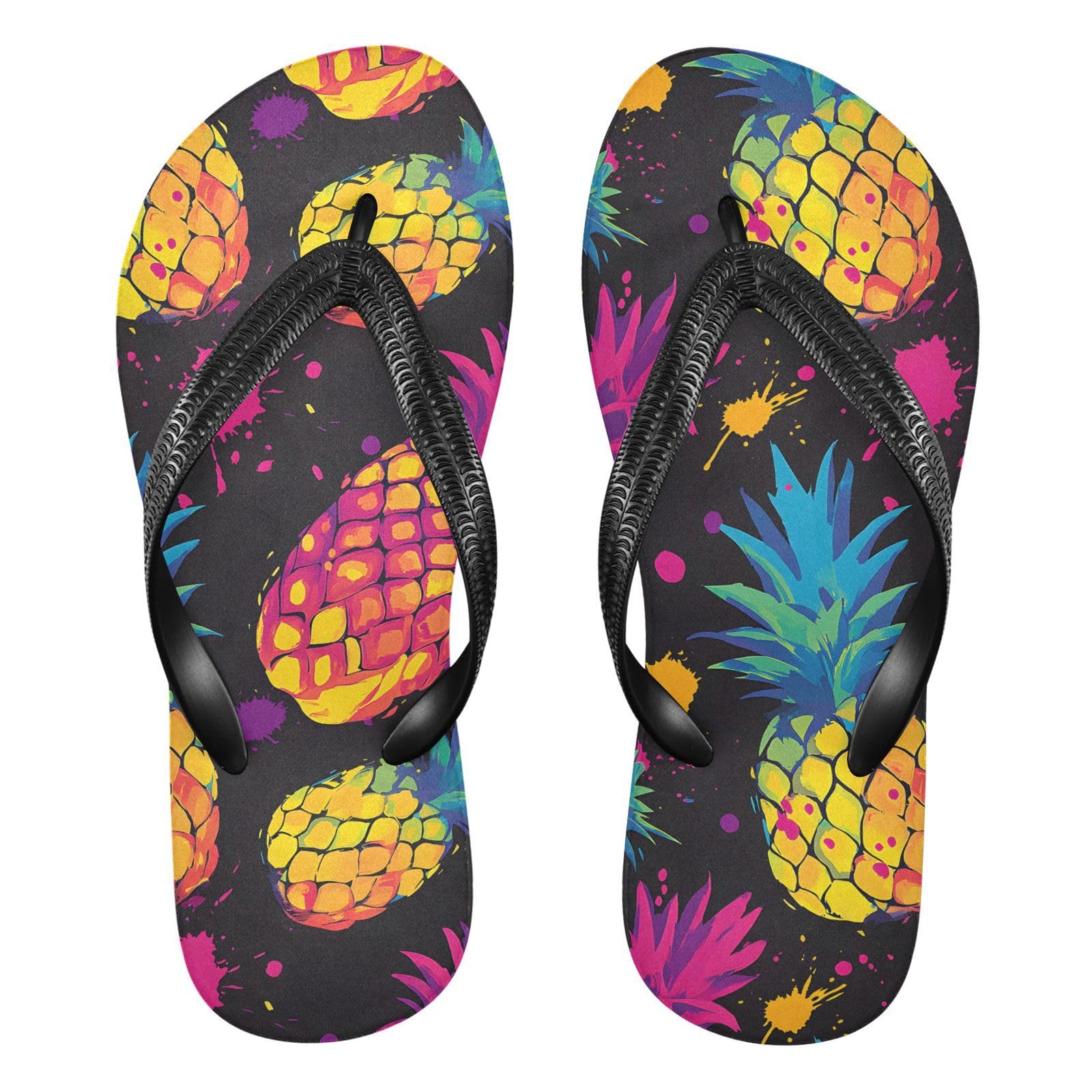 Colorful Neon Pineapple Pattern Flip Flops for Women Fashion Beach Slippers Comfort Mens Flip Flops Non-Slip Rubber Shower Slippers Sandal for Hotel Travel Sport,XS