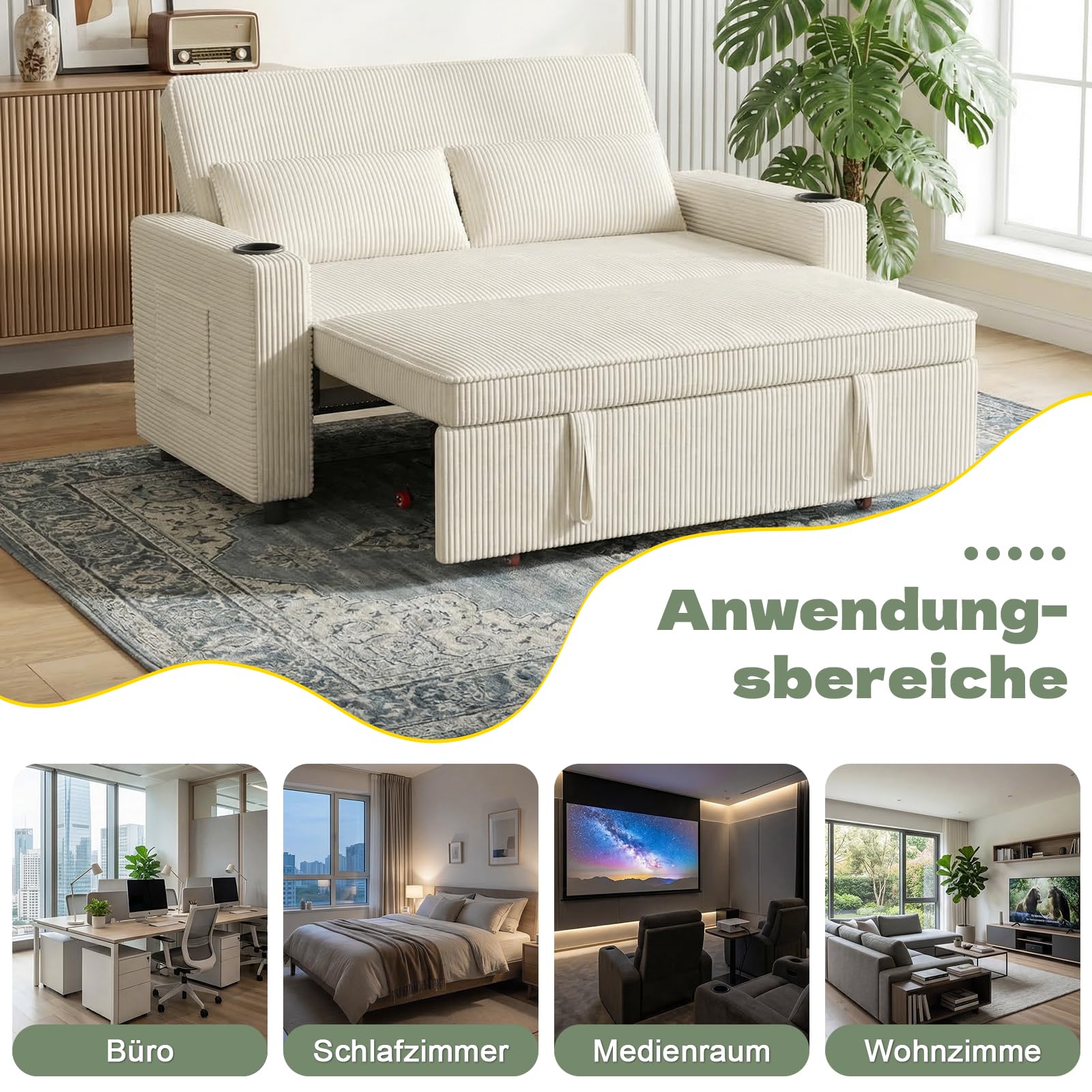 JUMMICO Schlafsofa 2 Sitzer klein Sofa mit Schlaffunktion Schlafcouch Ausziehbar mit Kissen Couch Cord-Bezug mit Getränkehalter Klappsofa Für Wohnzimmer Schlafzimmer,69 x 141 x 88 cm,Beige