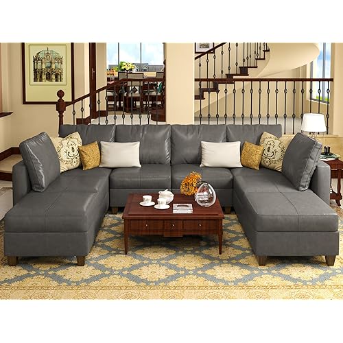 Modular Sofa Sectional Couch with Storage Ottomans, Faux Leather Sectional U Shaped Sectional Sofa Modular Sectional Sofa Couch with Reversible Chaises