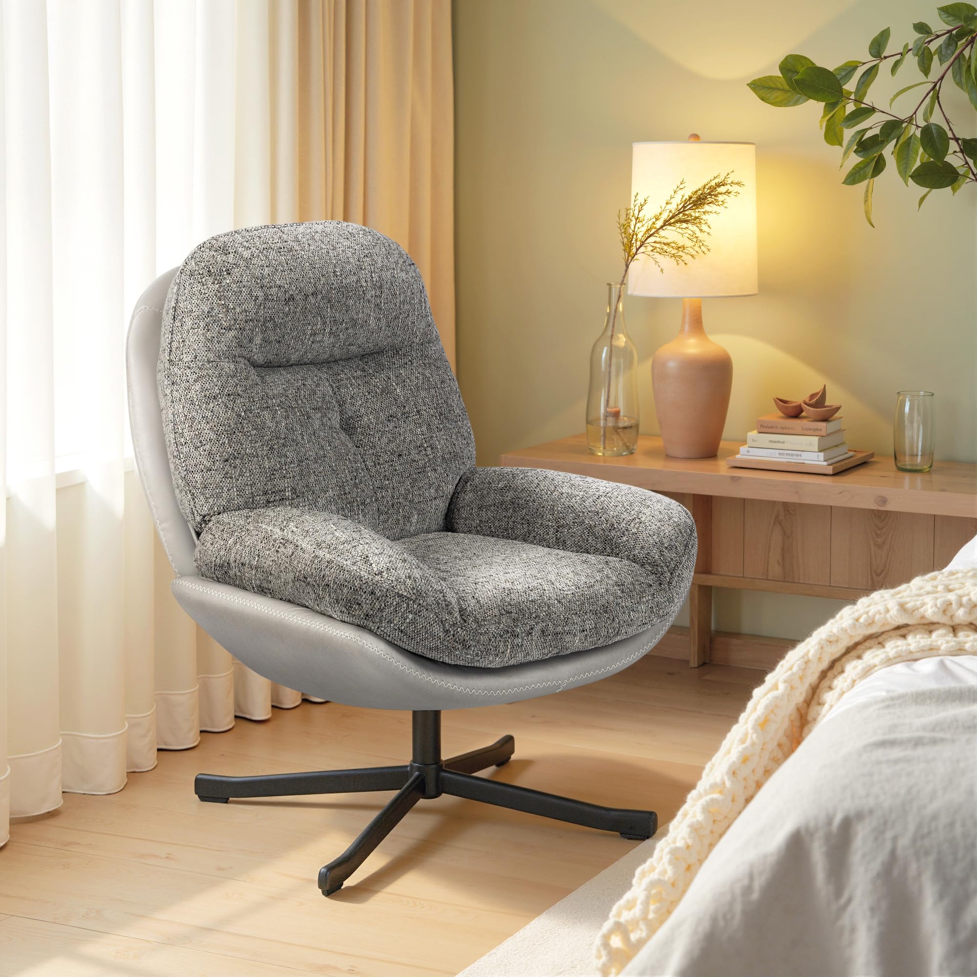 HOMCOM Sillón Giratorio Moderno, Butaca de Salón con Base Cruz, Tapizado en Chenilla y Cuero PU, Asiento Ancho Doble, Patas de Acero y Reposabrazos, Sillón Relax para Sala de Estar, Dormitorio, Gris