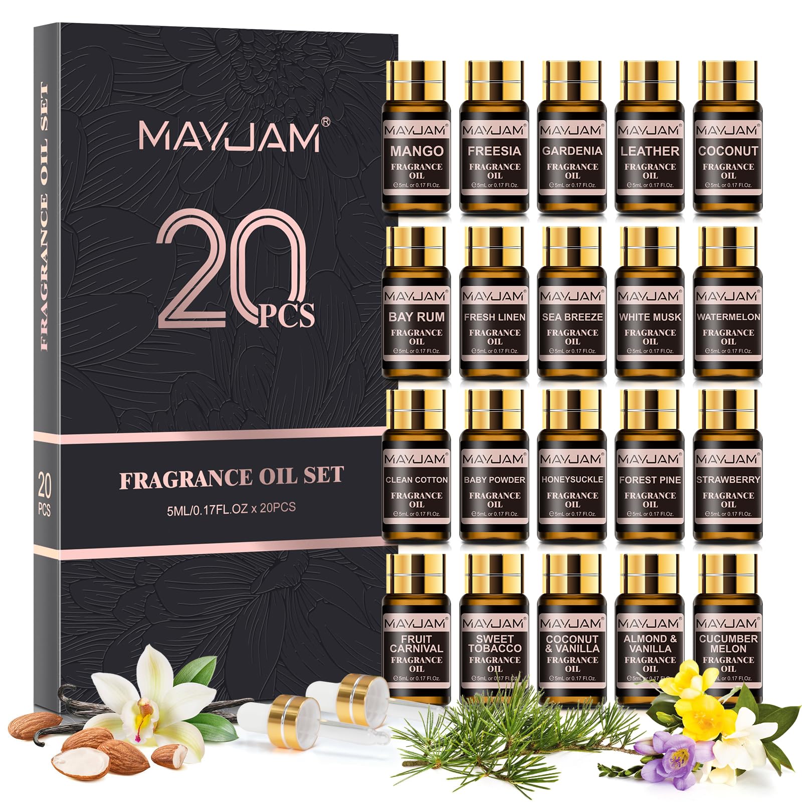 MAYJAM Fragrance Oil Gift Set, Top 20 Essential Oils Set for Diffusers for Home, Long Lasting Scented Oil Kit for Aromatherapy, Bath Bombs Soap Candle Making - 20Pcs x 5ml