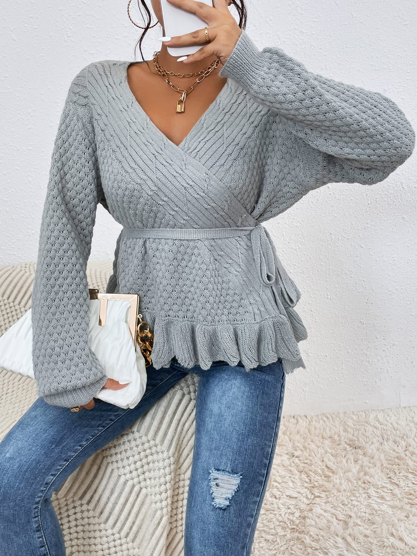 Amazon.com: Surplice Neck Cable Knit Peplum Belted Sweater