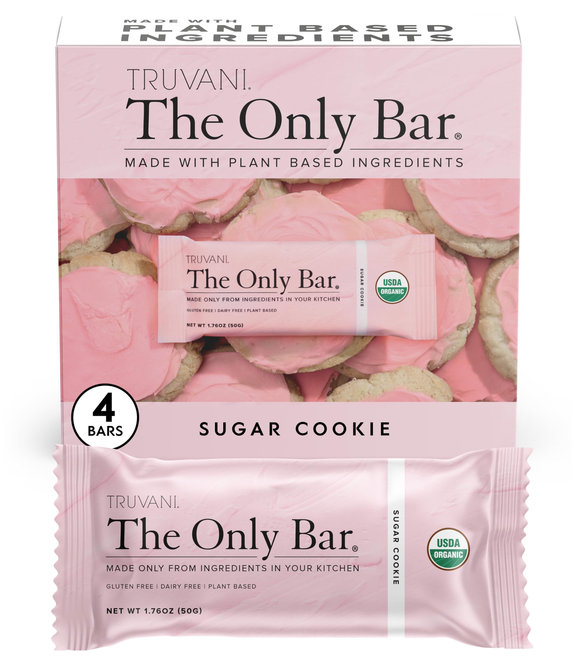 Truvani Plant Based Snack Bars | Sugar Cookie 4 Pack | 6g Protein | USDA Organic and Vegan | The Only Bar | Dairy, Soy, and Gluten Free | Individually Wrapped