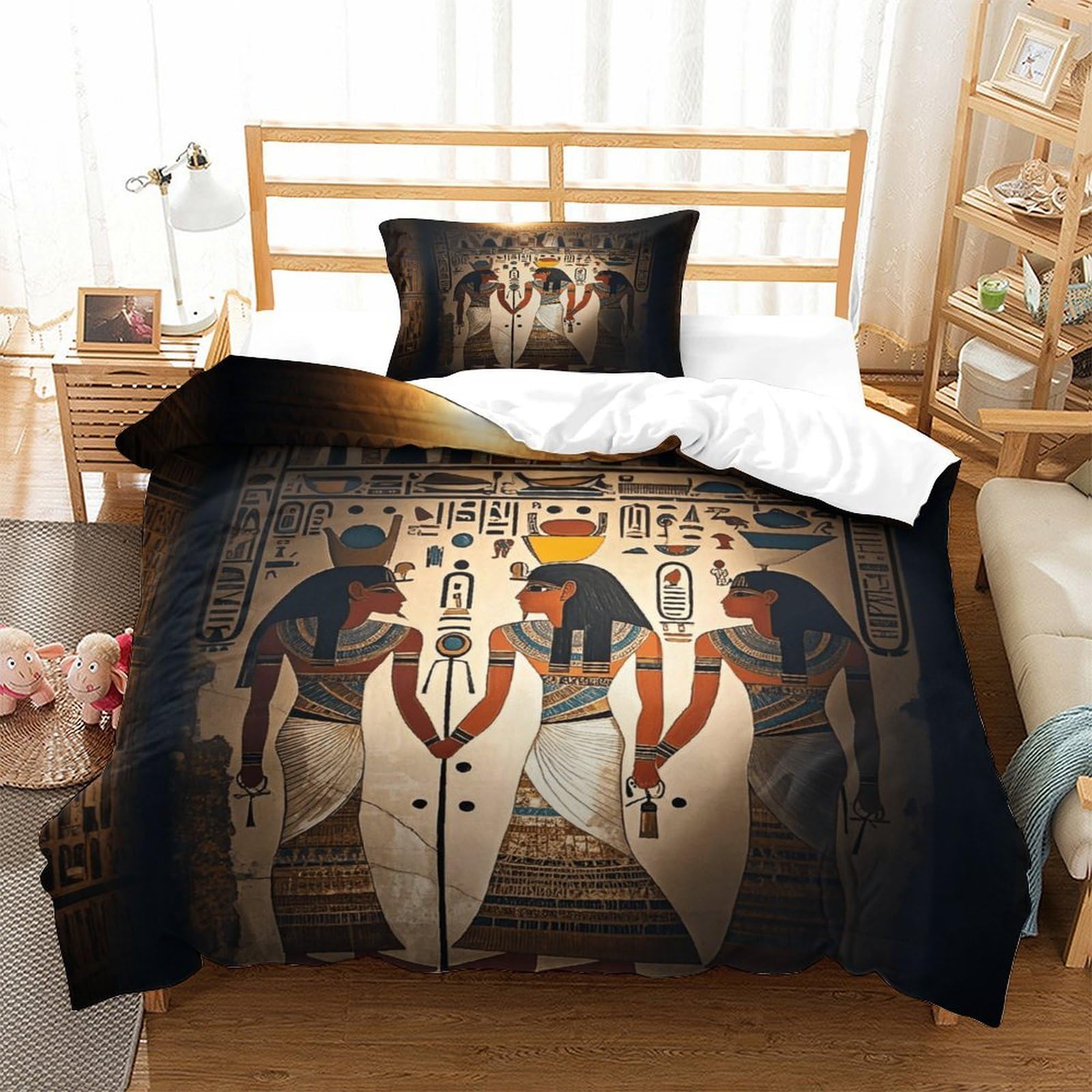 Ancient Egyptian Mural Luxe Quilt Cover Set Hidden Zipper Duvet Cover Set with Pillowcases Karnak Temple Reliefs Bedding Set Soft Microfiber Comforter Cover Kids & Adults Single（135x200cm）