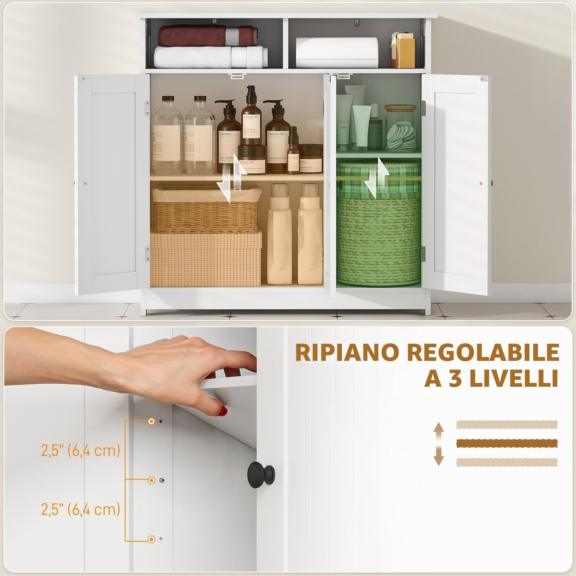 HOMCOM Mobile da bagno, armadio da bagno stretto con 3 ante, 2 scomparti aperti, ripiano regolabile, per soggiorno, cucina, 85x30x85 cm, bianco