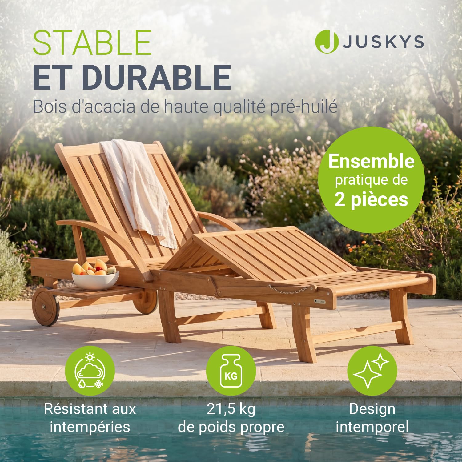 Juskys Lot de 2 Bains de Soleil SunScape en Bois d’Acacia Naturel avec Table réglable Repose-Jambes Dossier Ajustable Pliable roulettes 196 x 72,5 x 30 cm