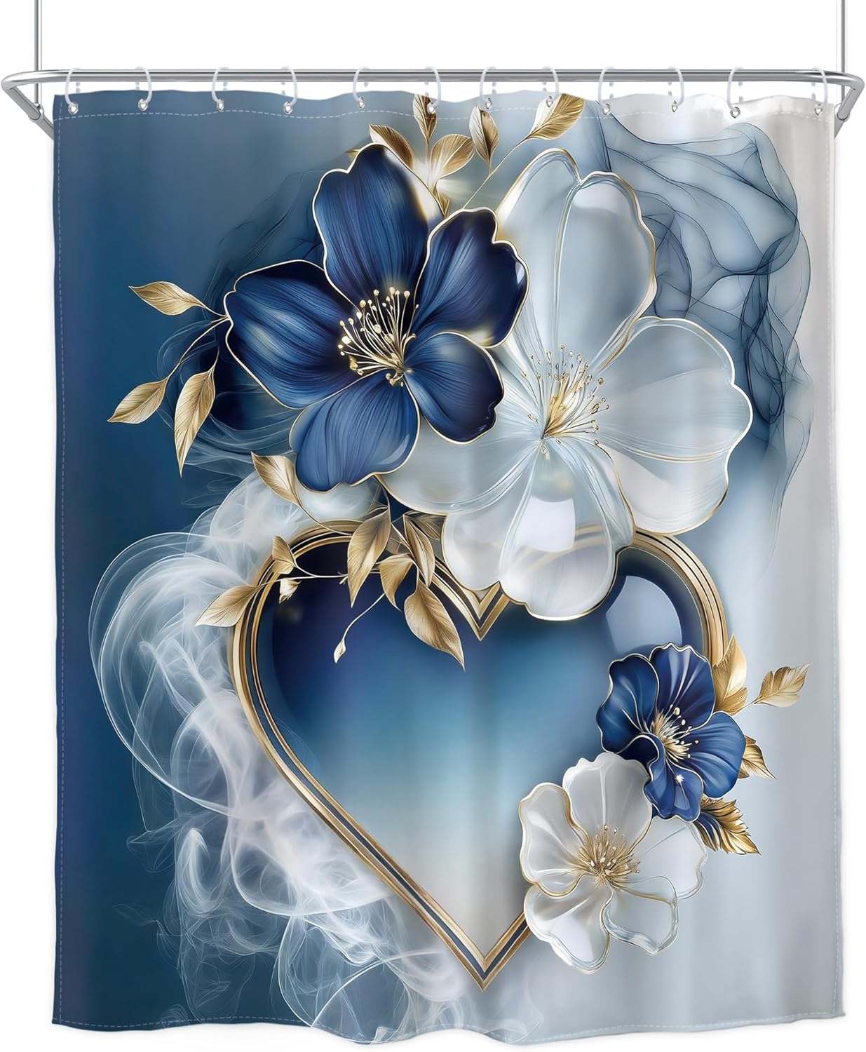 Homewelle Blue Floral Shower Curtain White Gold Abstract Ombre Blossom Flower Leaves Modern Luxury Elegant Simple Aesthetic 60Wx72H Inch for Women Girls Waterproof Polyester Fabric Bathroom Bathtub
